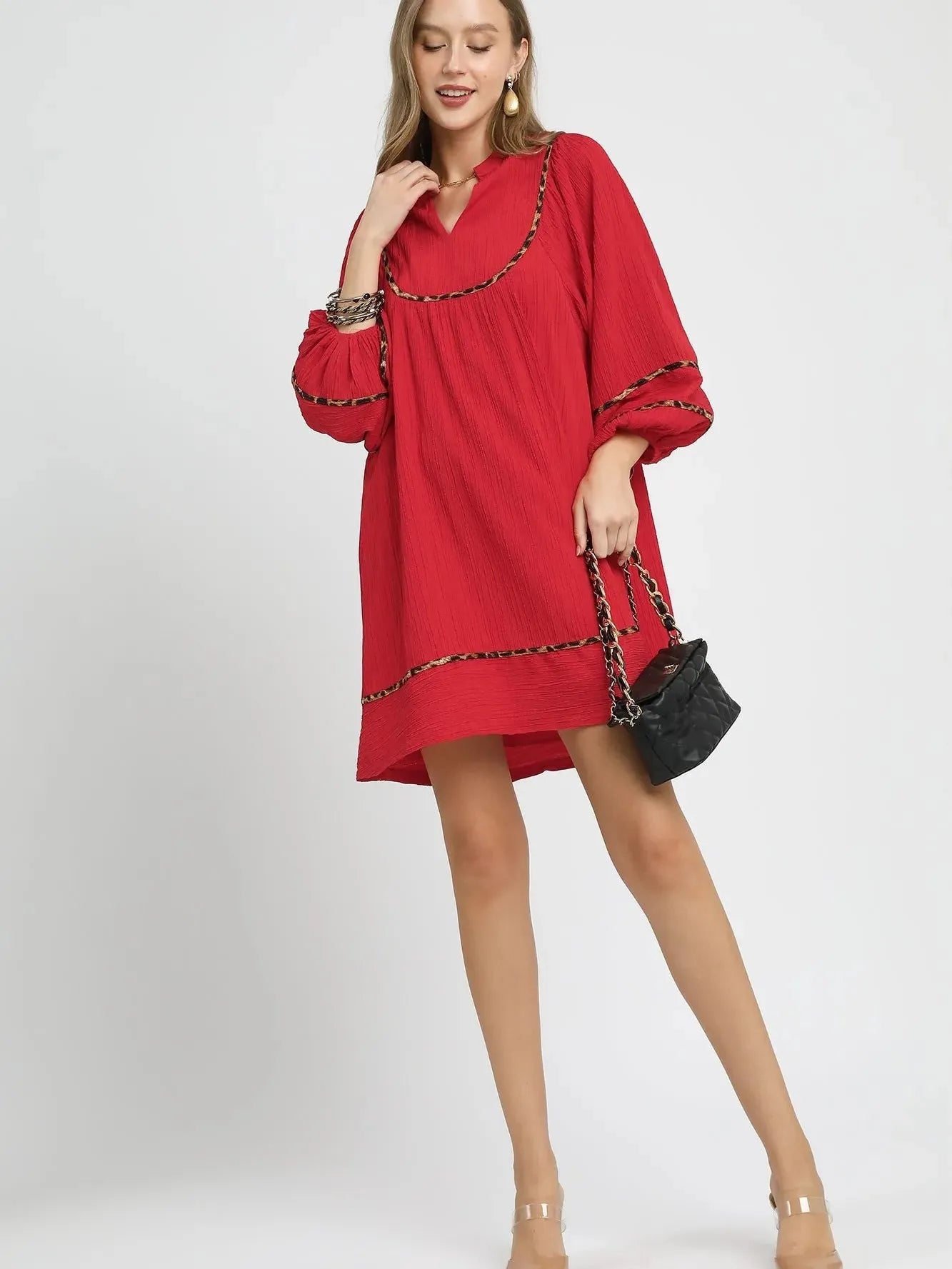 Umgee Savannah Swing Babydoll Dress with Leopard Trim Red-Women's Dresses-Shop Z & Joxa