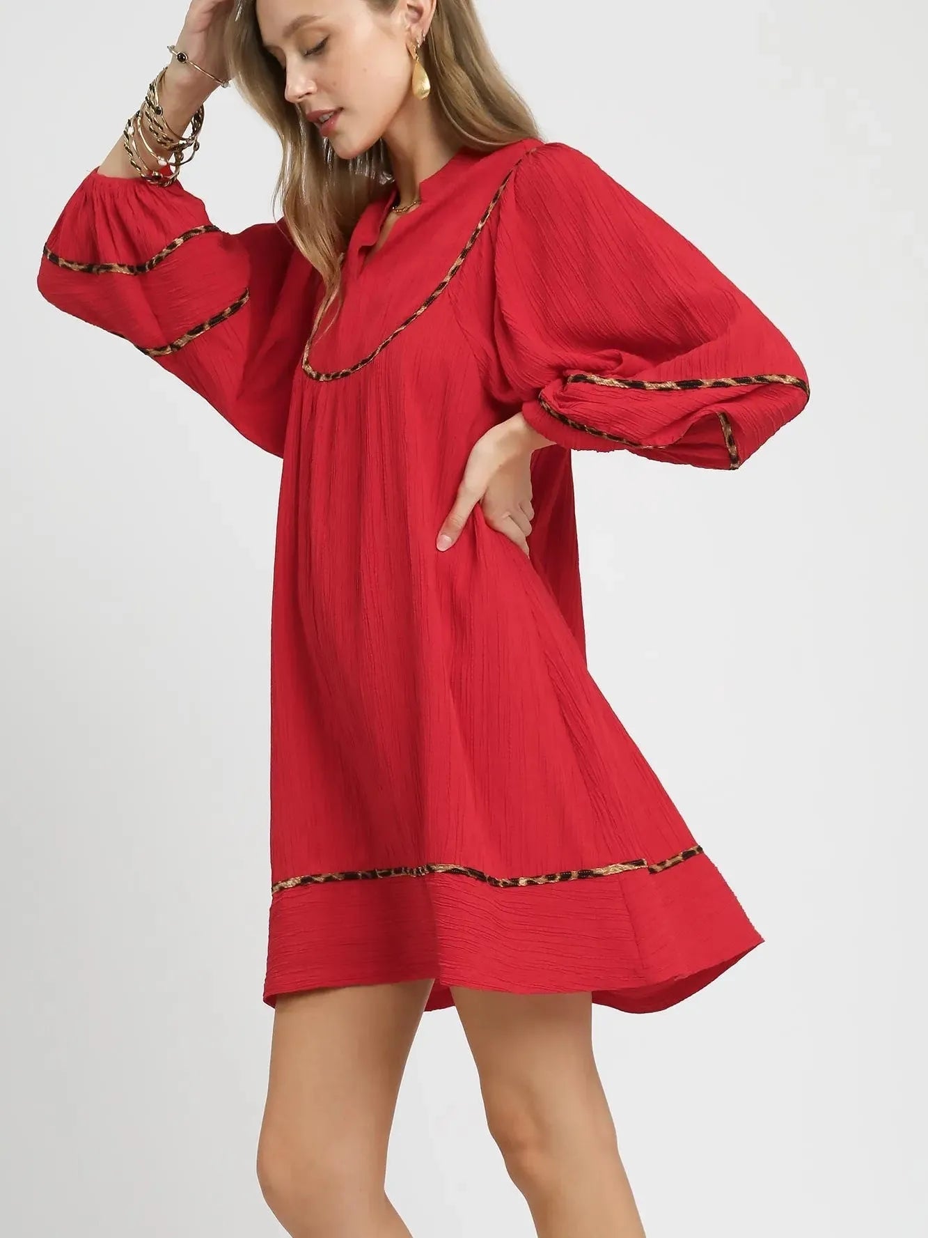 Umgee Savannah Swing Babydoll Dress with Leopard Trim Red-Women's Dresses-Shop Z & Joxa