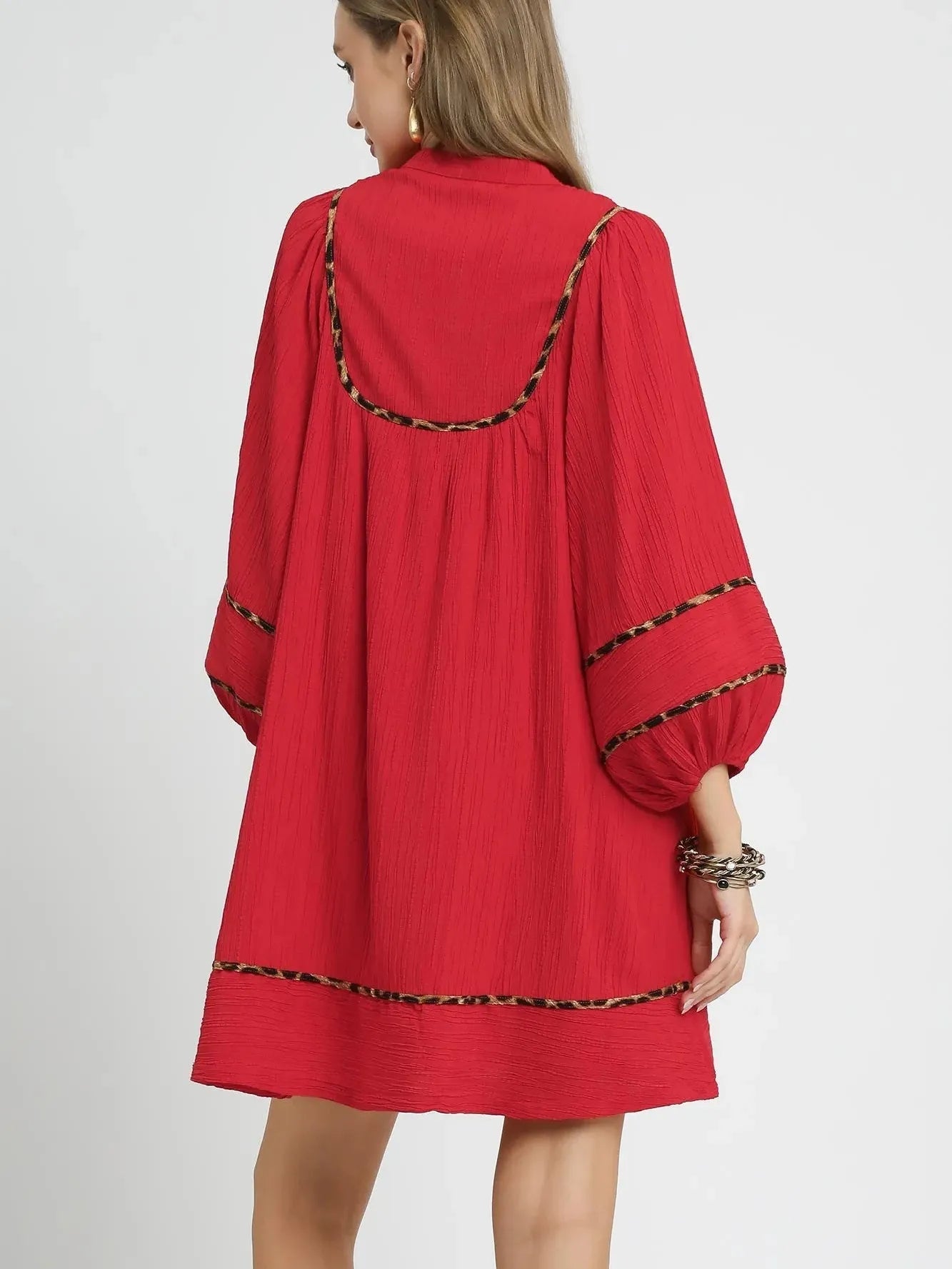 Umgee Savannah Swing Babydoll Dress with Leopard Trim Red-Women's Dresses-Shop Z & Joxa