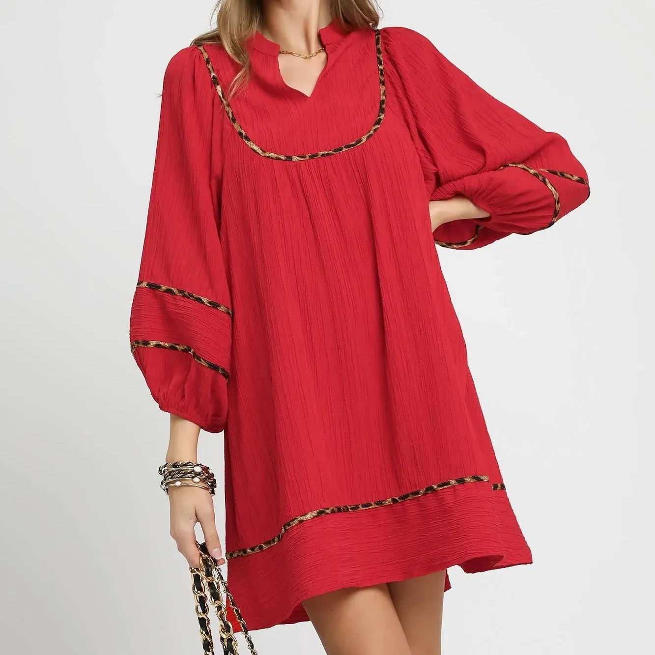 Umgee Savannah Swing Babydoll Dress with Leopard Trim Red-Women's Dresses-Shop Z & Joxa