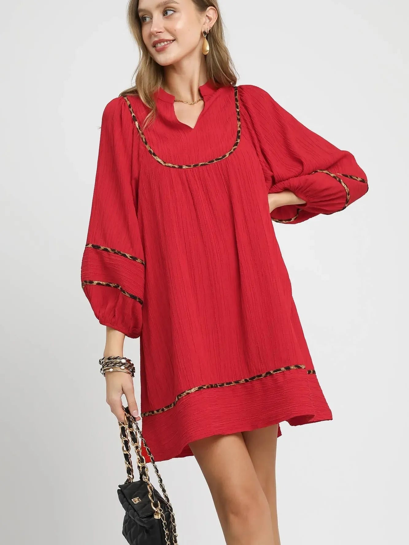 Umgee Savannah Swing Babydoll Dress with Leopard Trim Red-Women's Dresses-Shop Z & Joxa