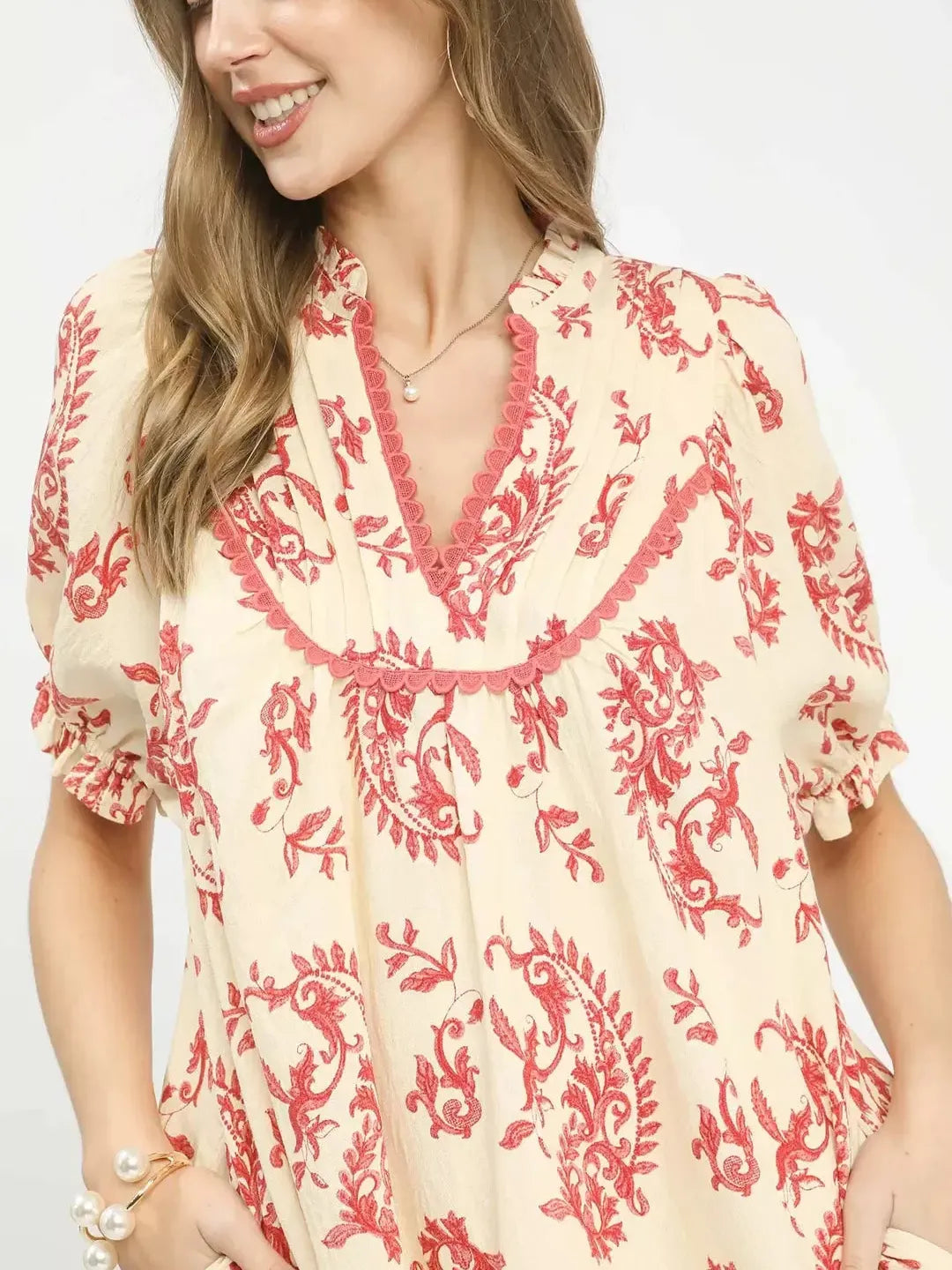 Umgee Scarlet Moonlight Paisley Scallop Trim Tiered Mini Dress-Women's Dresses-Shop Z & Joxa