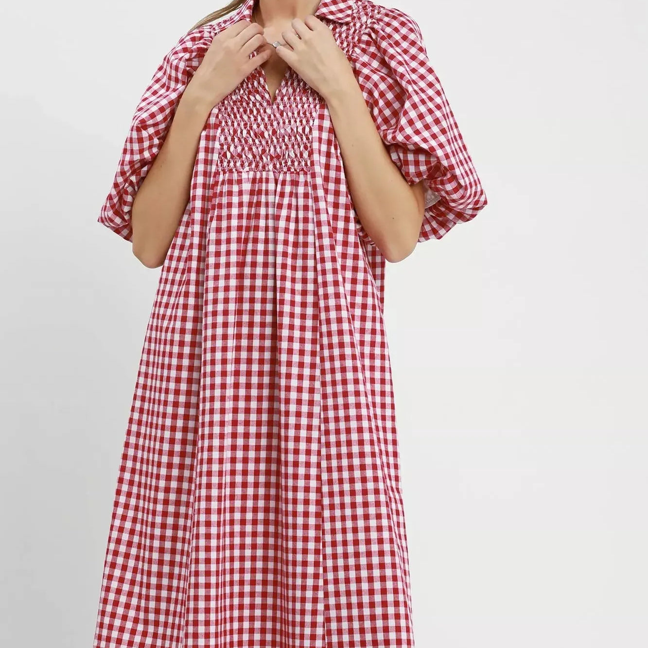 Umgee Scarlet Sunday Puff Sleeve Plaid Midi Dress-Women's Dresses-Shop Z & Joxa