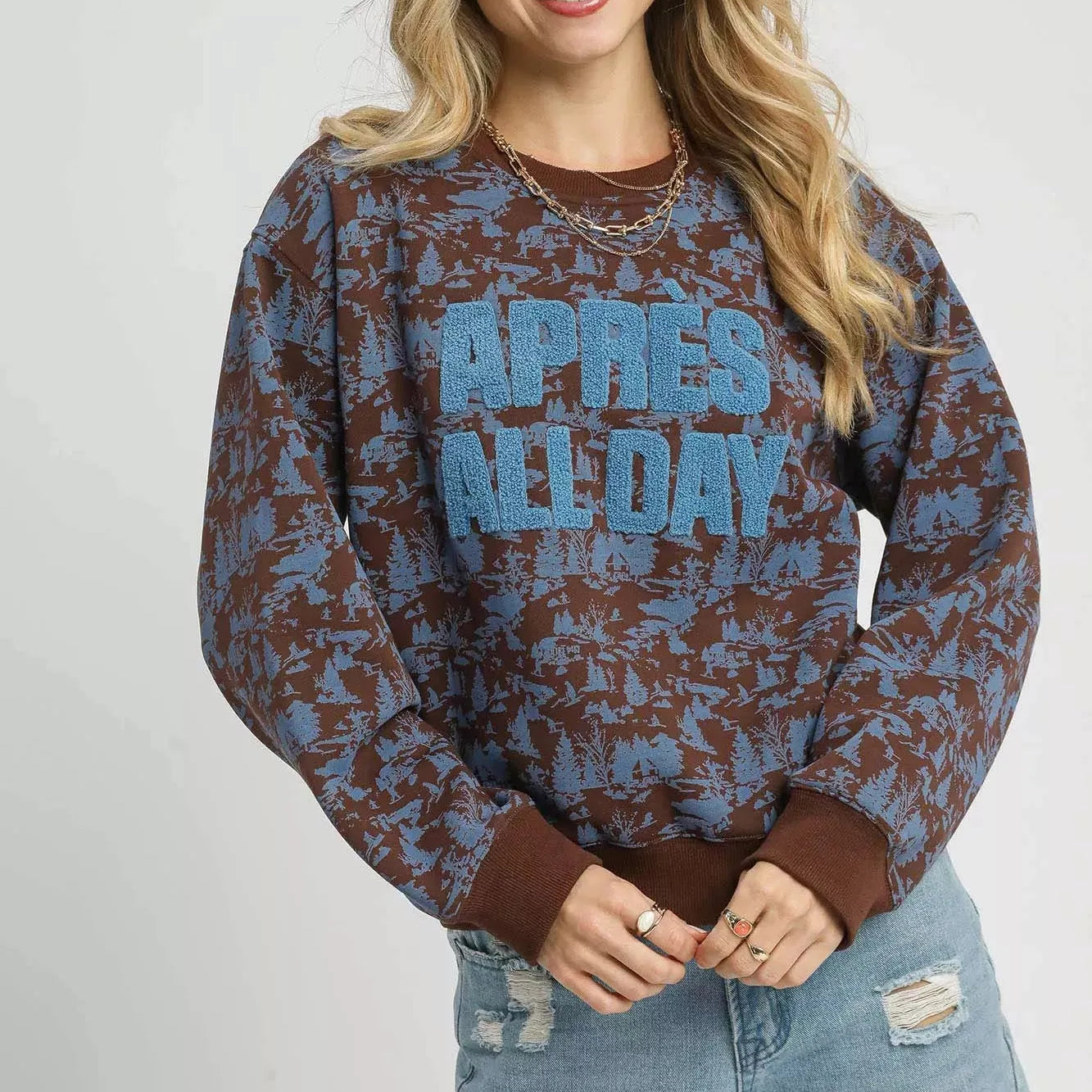 Umgee Scenic Stroll Apres All Day Casual Sweatshirt in Brown-Women's Shirts & Tops-Shop Z & Joxa