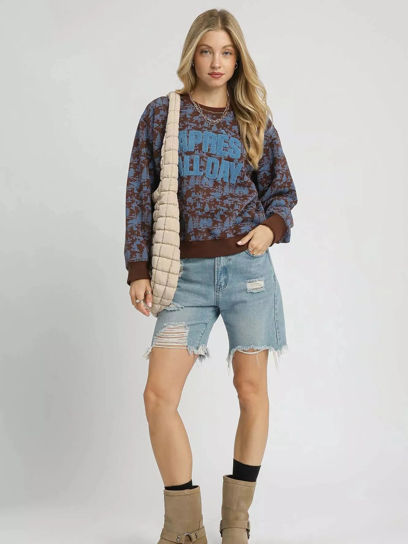 Umgee Scenic Stroll Apres All Day Casual Sweatshirt in Brown-Women's Shirts & Tops-Shop Z & Joxa