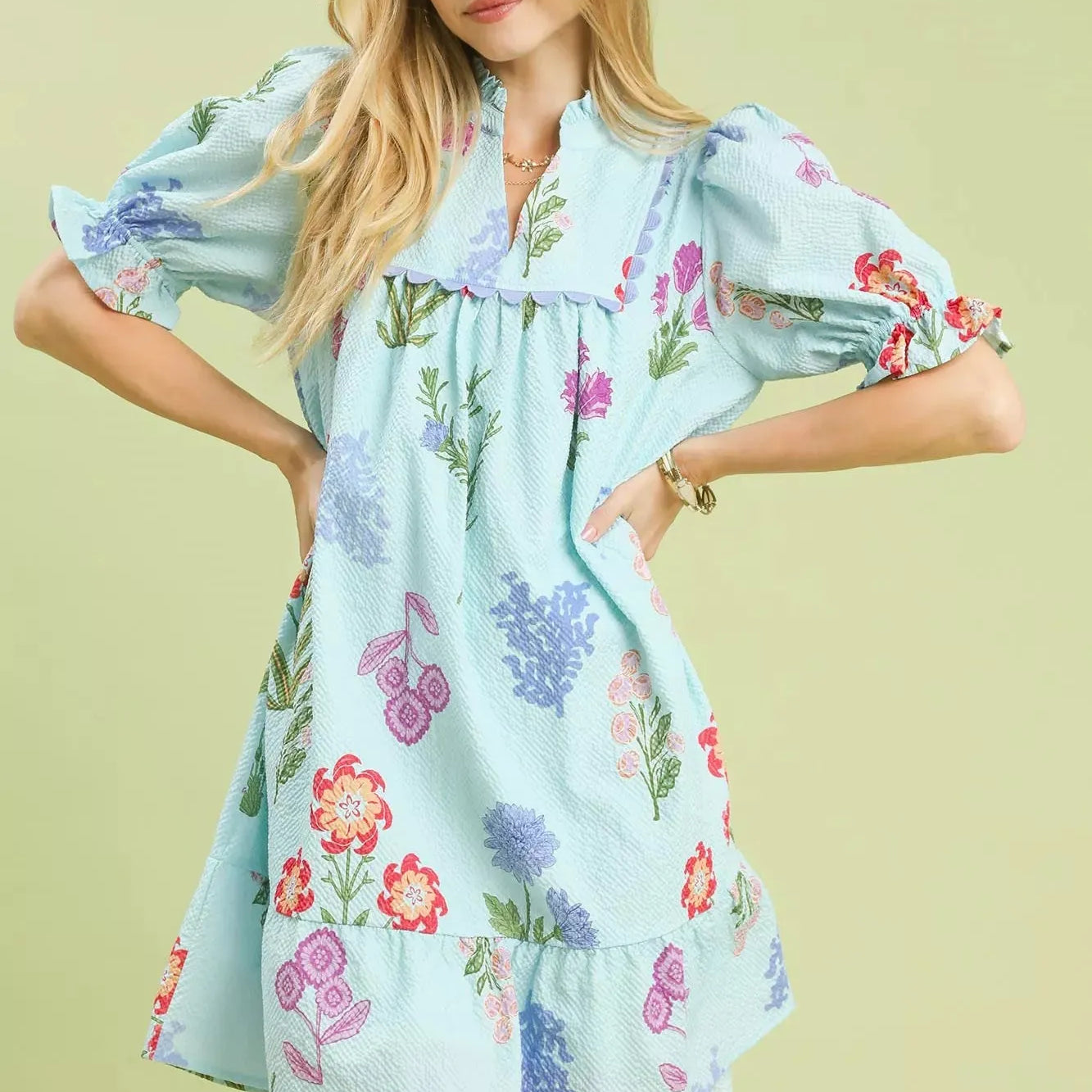 Umgee Seafoam Blooms Tiered Floral Mini Dress-Women's Dresses-Shop Z & Joxa