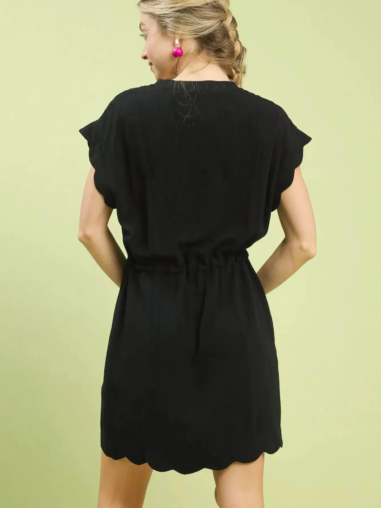 Umgee Seaside Scallop Linen Mini Dress with Scallop Hem in Black-Women's Dresses-Shop Z & Joxa