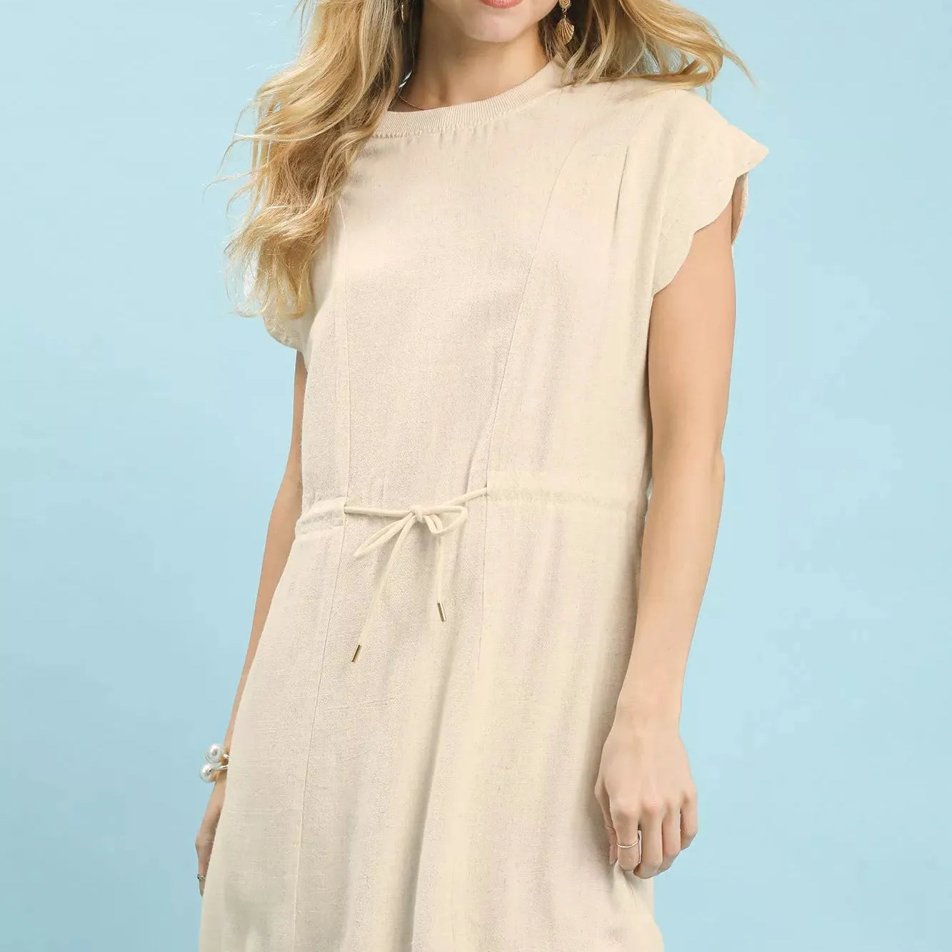 Umgee Seaside Scallop Linen Mini Dress with Scallop Hem in Oatmeal-Women's Dresses-Shop Z & Joxa