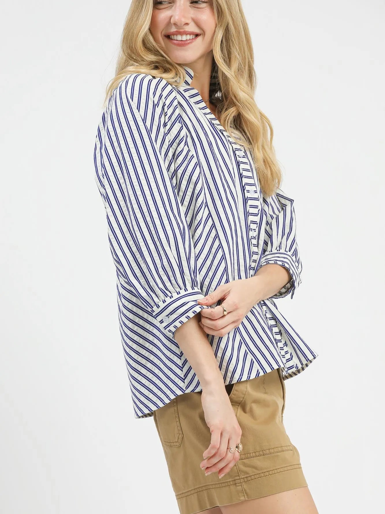 Umgee Seaside Stripes Navy Blue V-Neck Button Down Top-Women's Shirts & Tops-Shop Z & Joxa