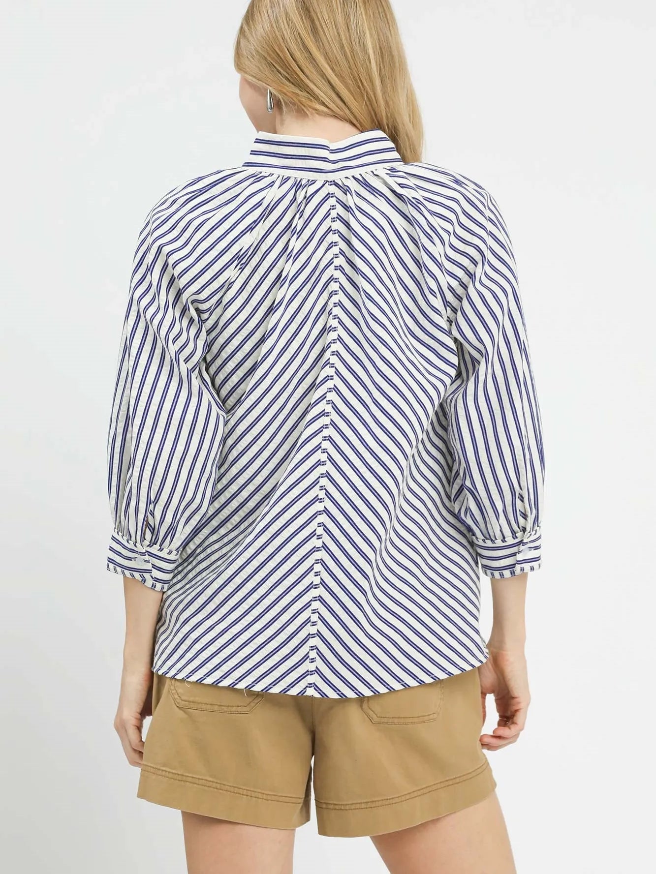 Umgee Seaside Stripes Navy Blue V-Neck Button Down Top-Women's Shirts & Tops-Shop Z & Joxa