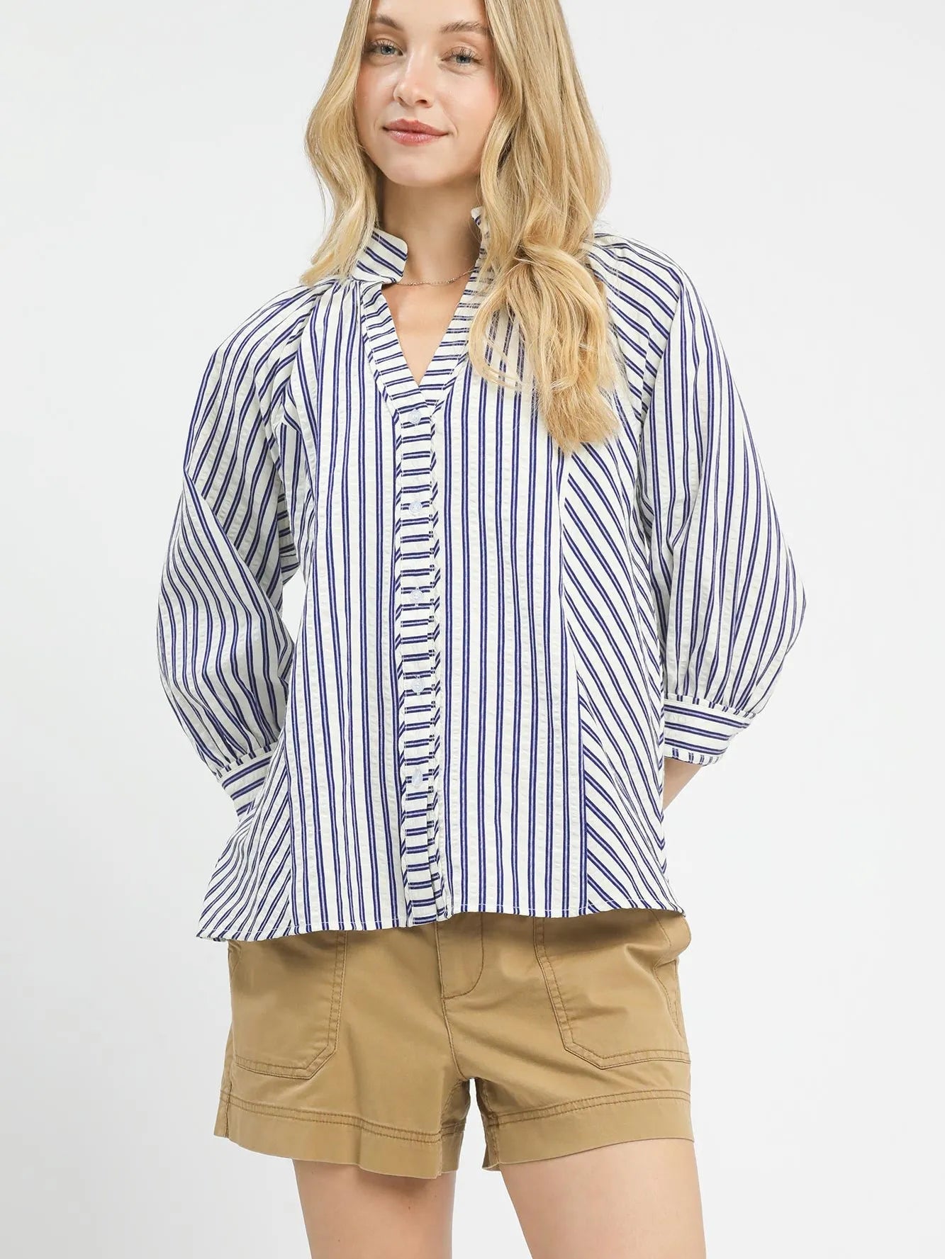 Umgee Seaside Stripes Navy Blue V-Neck Button Down Top-Women's Shirts & Tops-Shop Z & Joxa