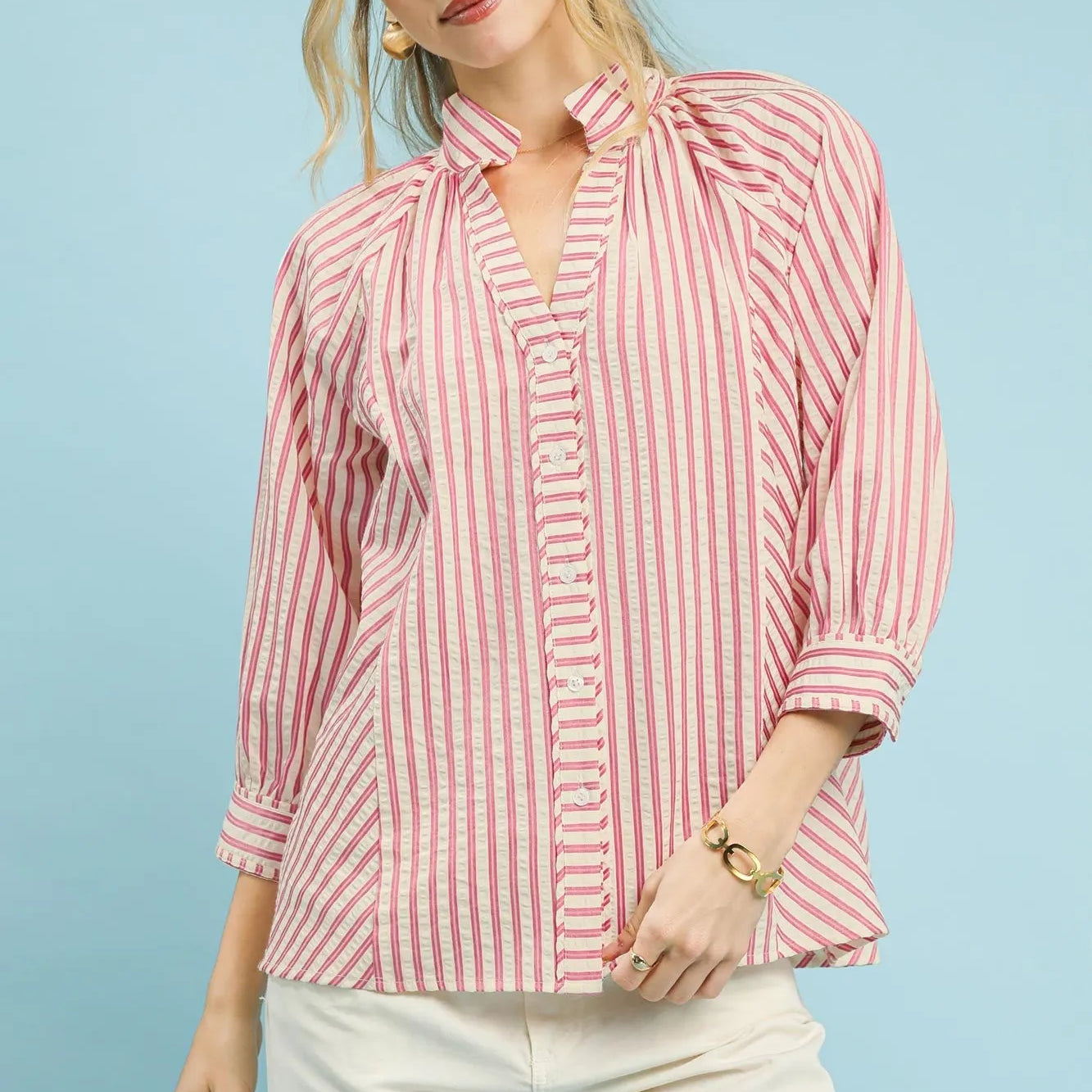 Umgee Seaside Stripes Pink V-Neck Button Down Top-Women's Shirts & Tops-Shop Z & Joxa