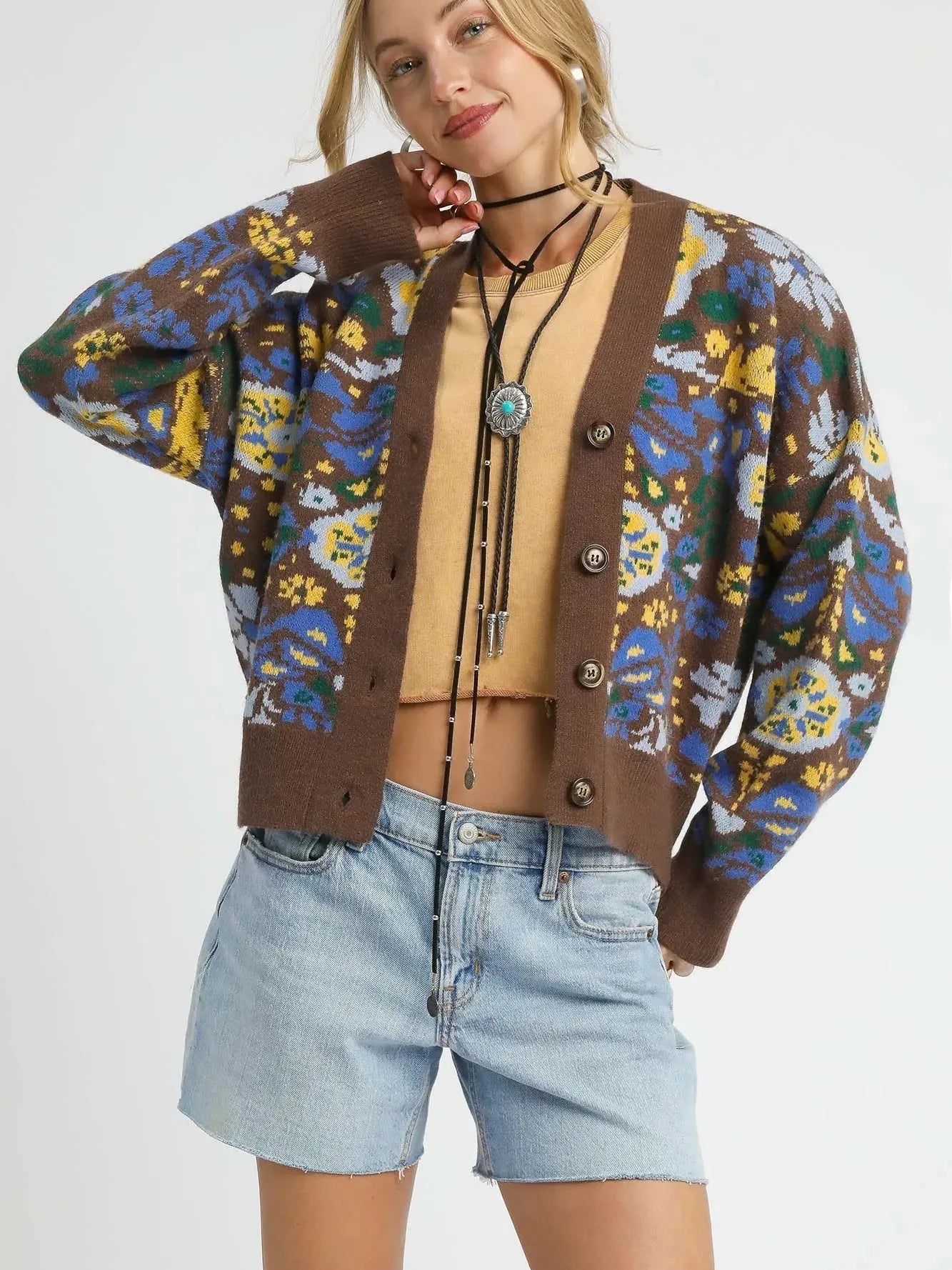 Umgee Sky Petal Floral Knit Button-Up Cardigan in Brown-Women's Shirts & Tops-Shop Z & Joxa