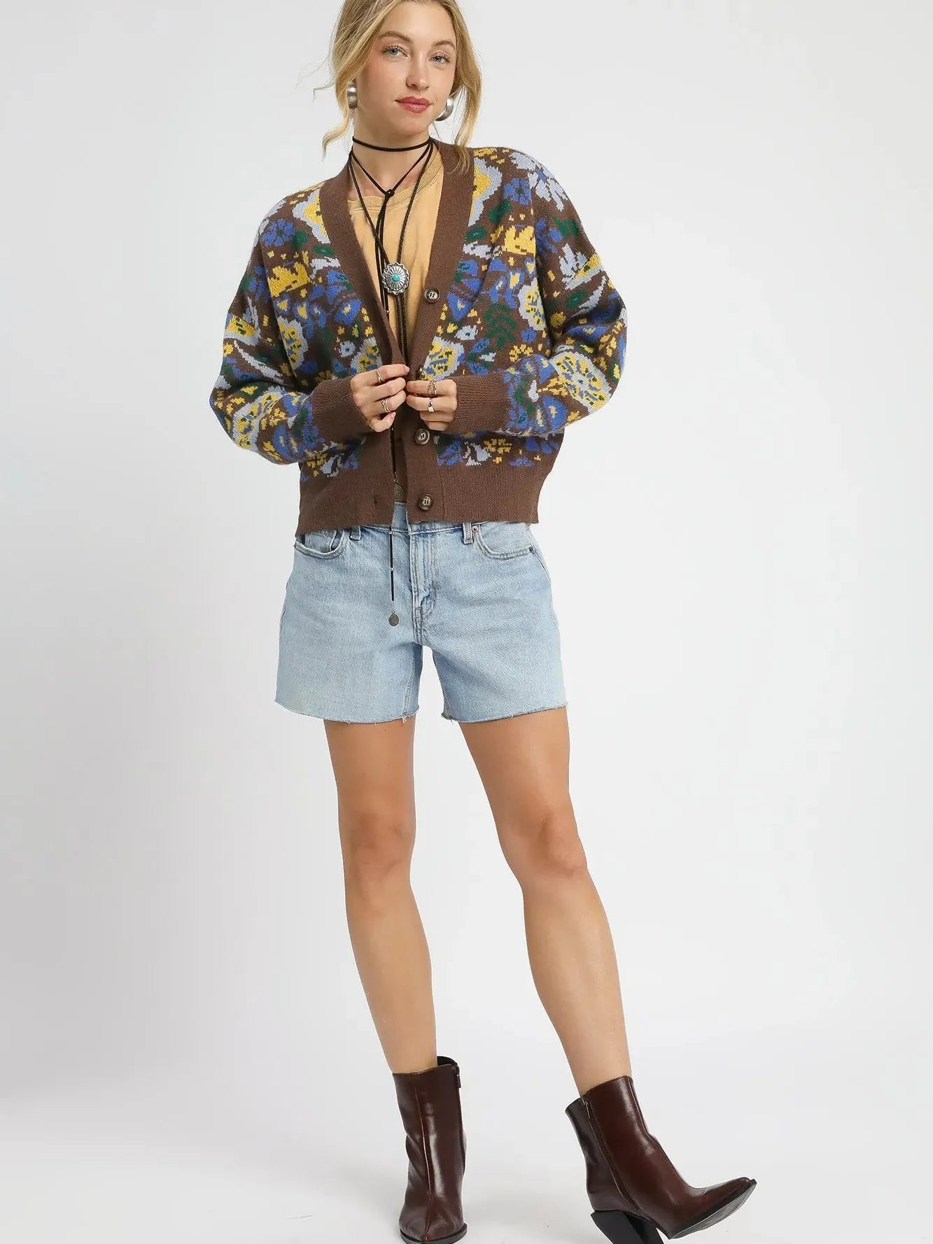 Umgee Sky Petal Floral Knit Button-Up Cardigan in Brown-Women's Shirts & Tops-Shop Z & Joxa