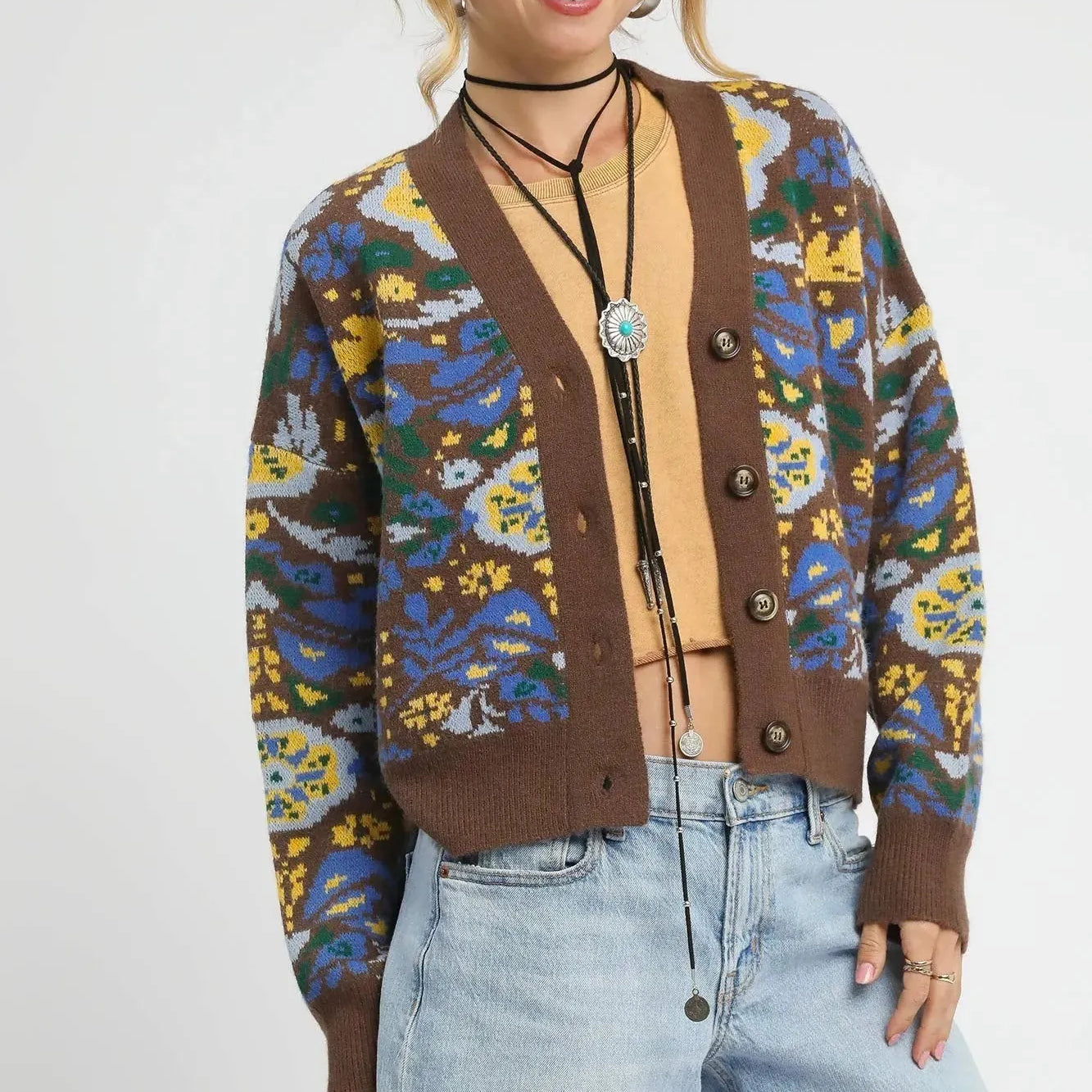 Umgee Sky Petal Floral Knit Button-Up Cardigan in Brown-Women's Shirts & Tops-Shop Z & Joxa