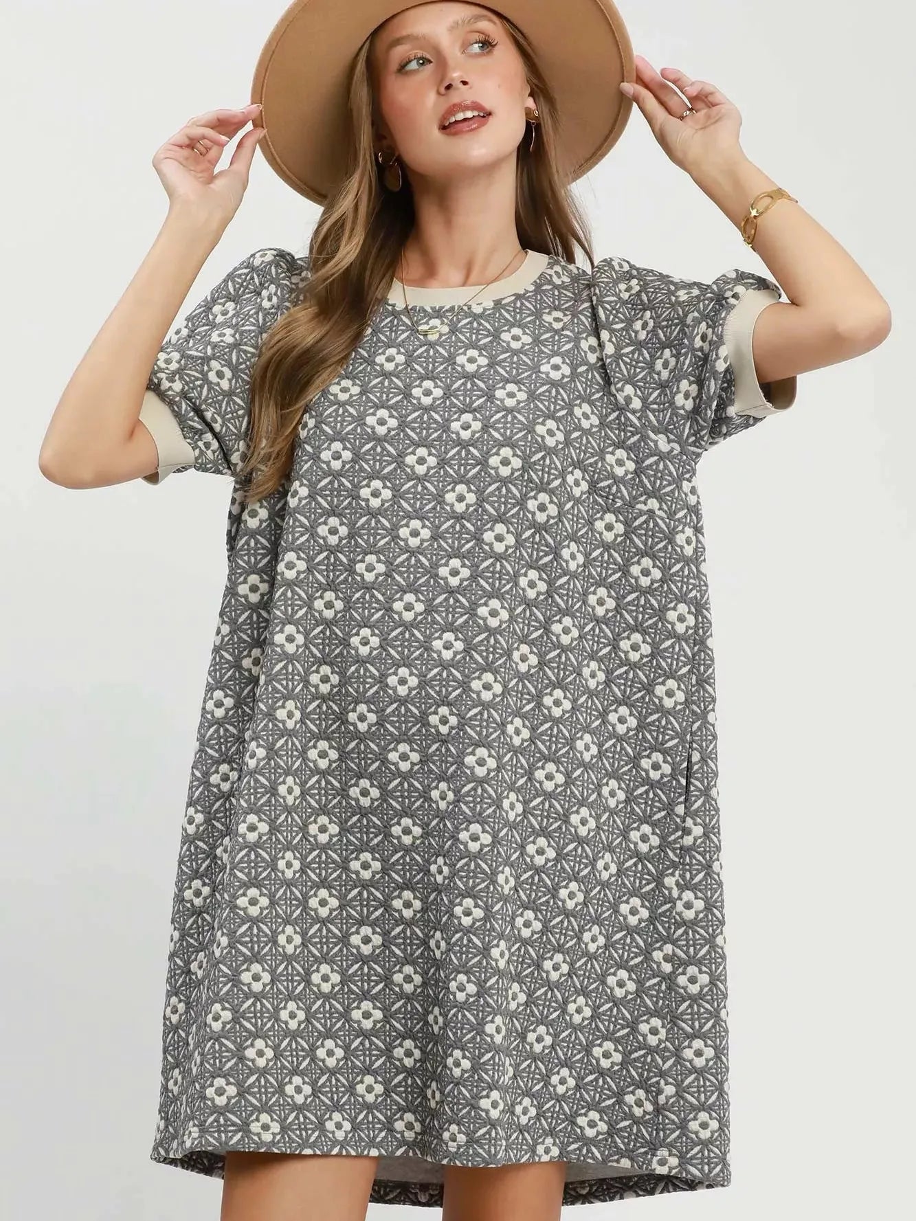 Umgee Smoky Blooms Floral Textured Puff Sleeve Mini Dress-Women's Dresses-Shop Z & Joxa