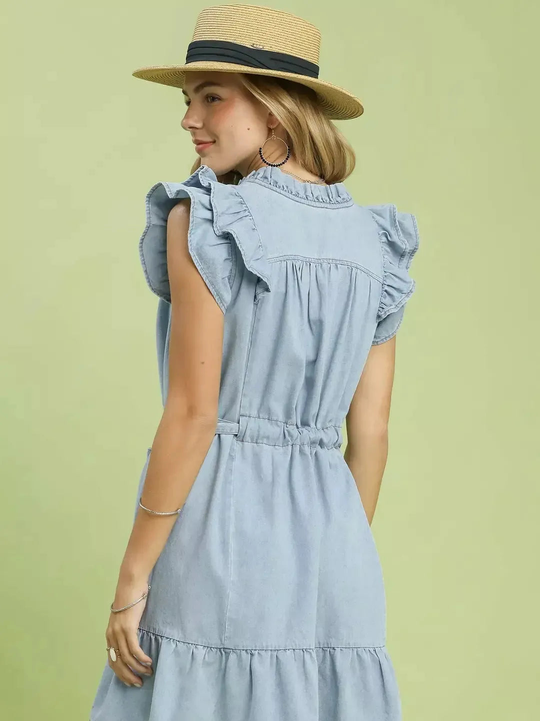 Umgee Soft Skies Chambray Ruffled Denim Mini Dress-Women's Dresses-Shop Z & Joxa