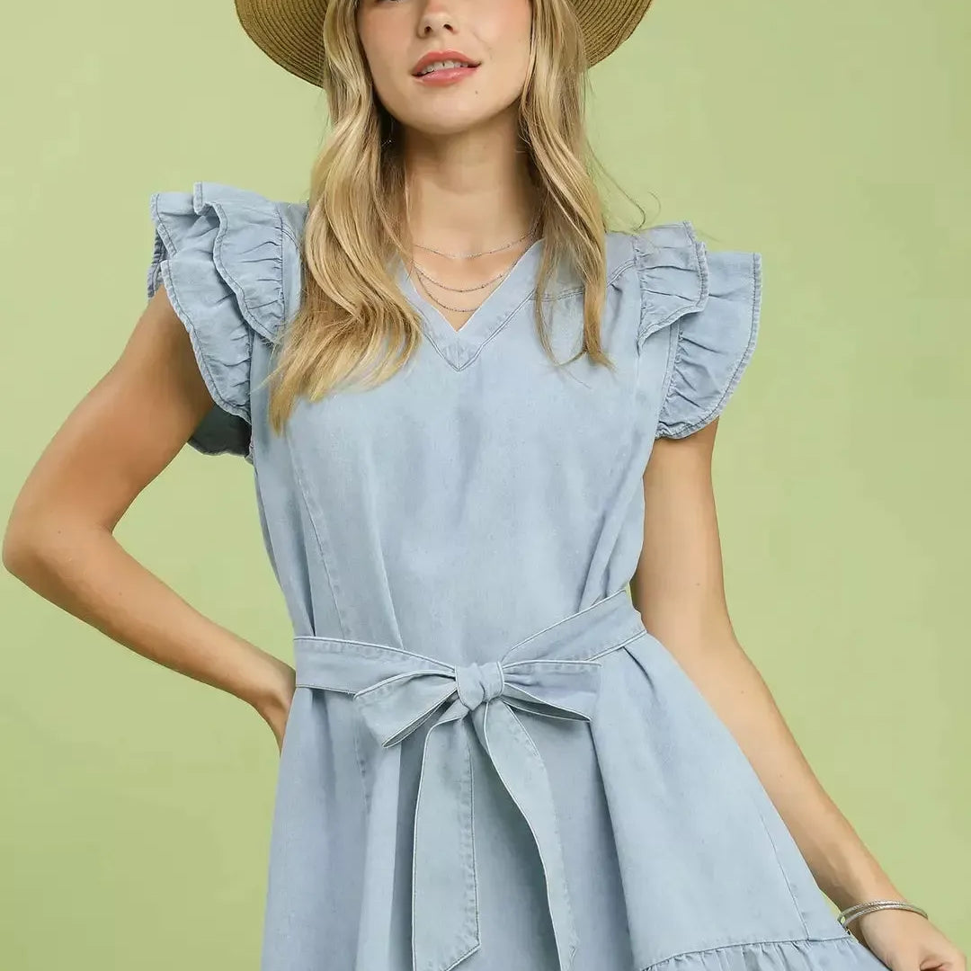 Umgee Soft Skies Chambray Ruffled Denim Mini Dress-Women's Dresses-Shop Z & Joxa