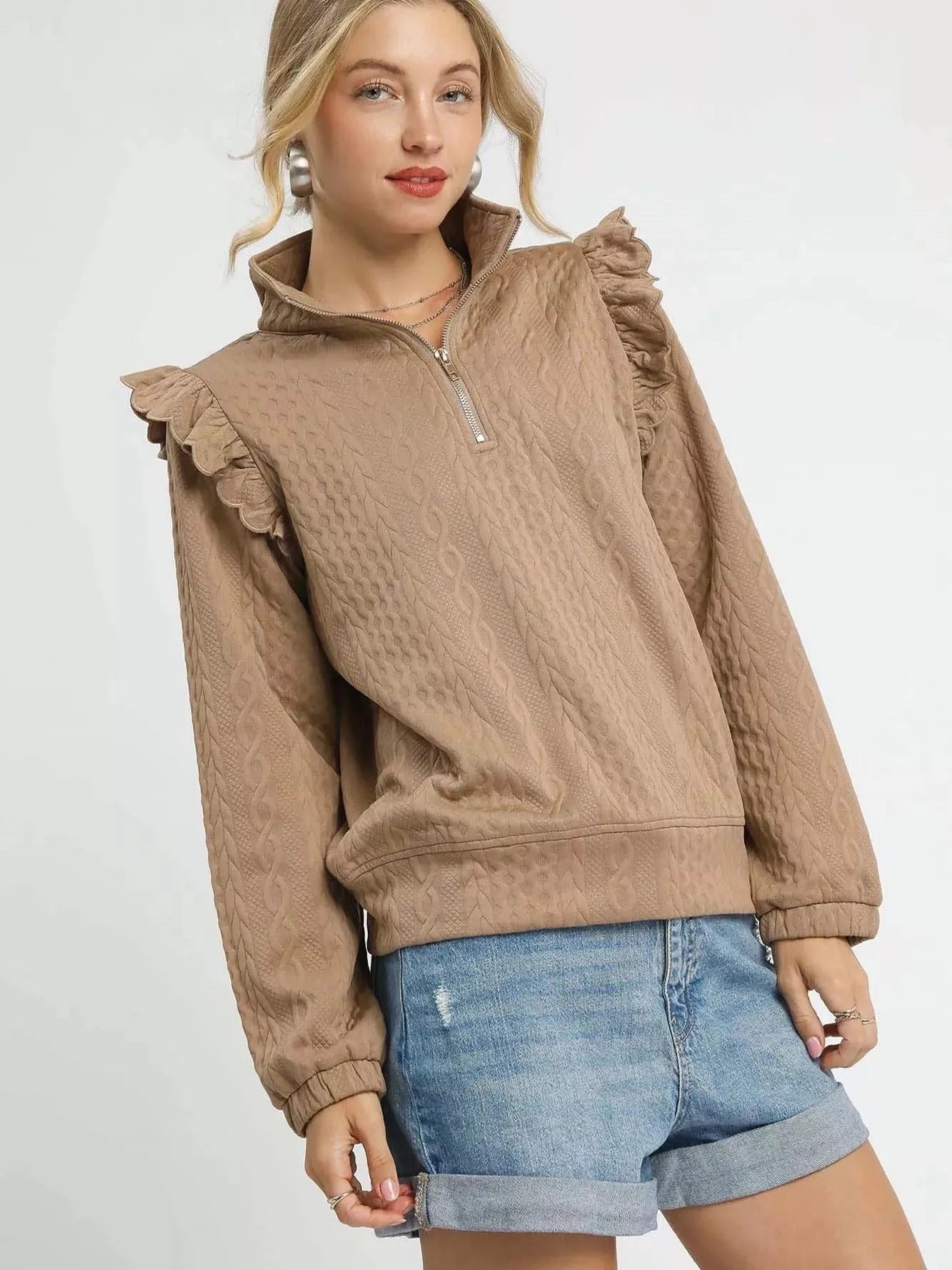 Umgee Stem & Style Cable Knit Textured Pullover with Ruffles-Women's Shirts & Tops-Shop Z & Joxa