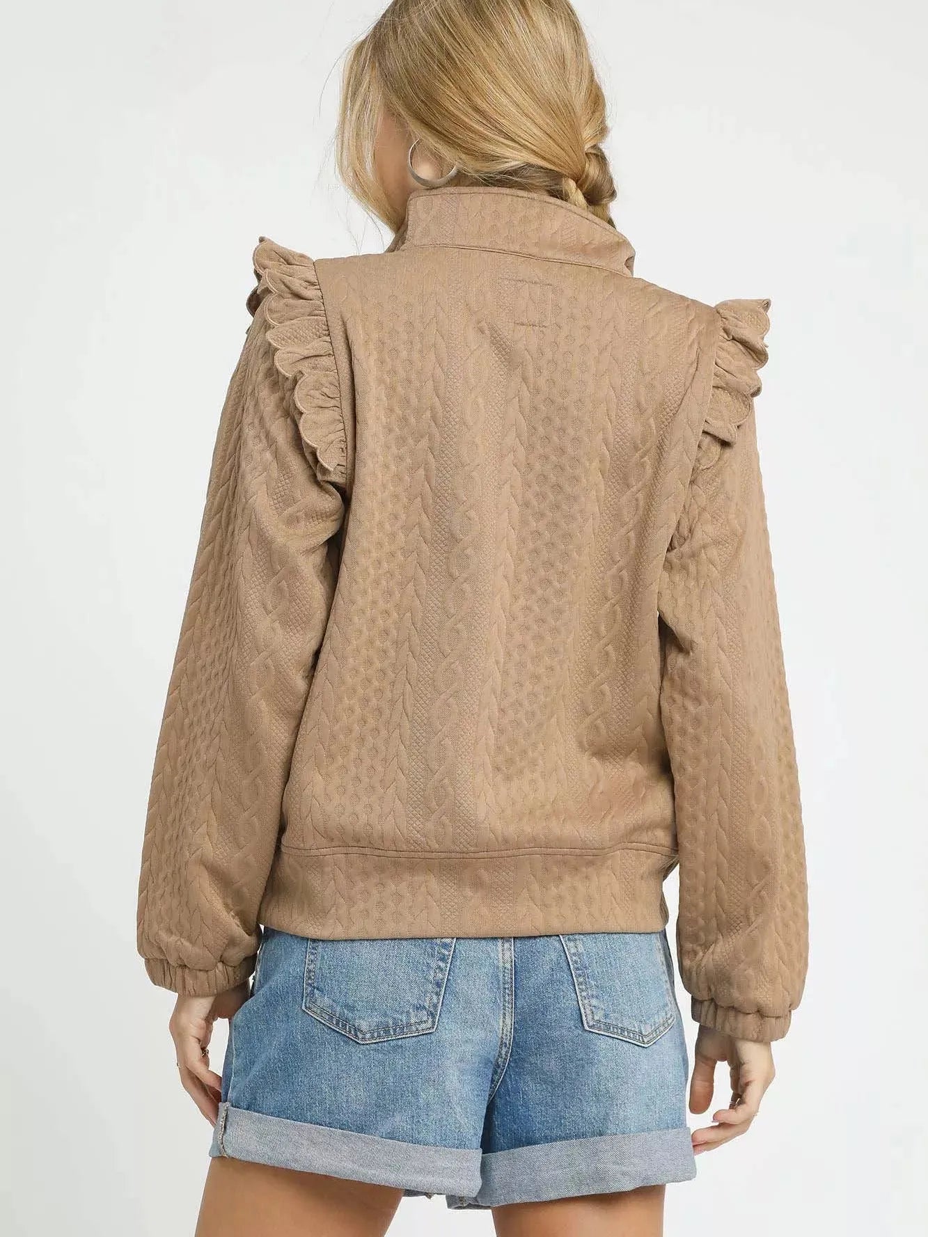 Umgee Stem & Style Cable Knit Textured Pullover with Ruffles-Women's Shirts & Tops-Shop Z & Joxa