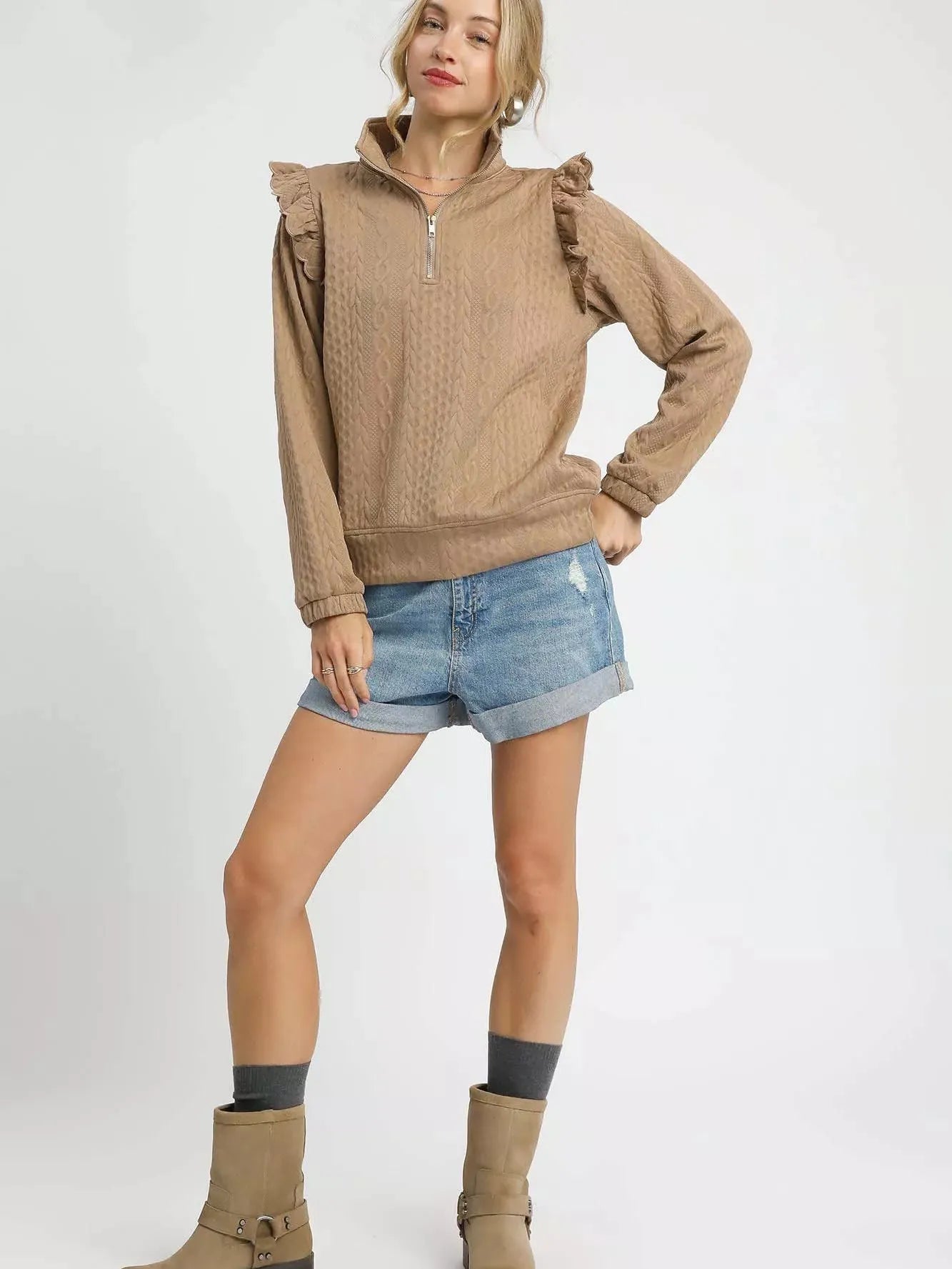 Umgee Stem & Style Cable Knit Textured Pullover with Ruffles-Women's Shirts & Tops-Shop Z & Joxa