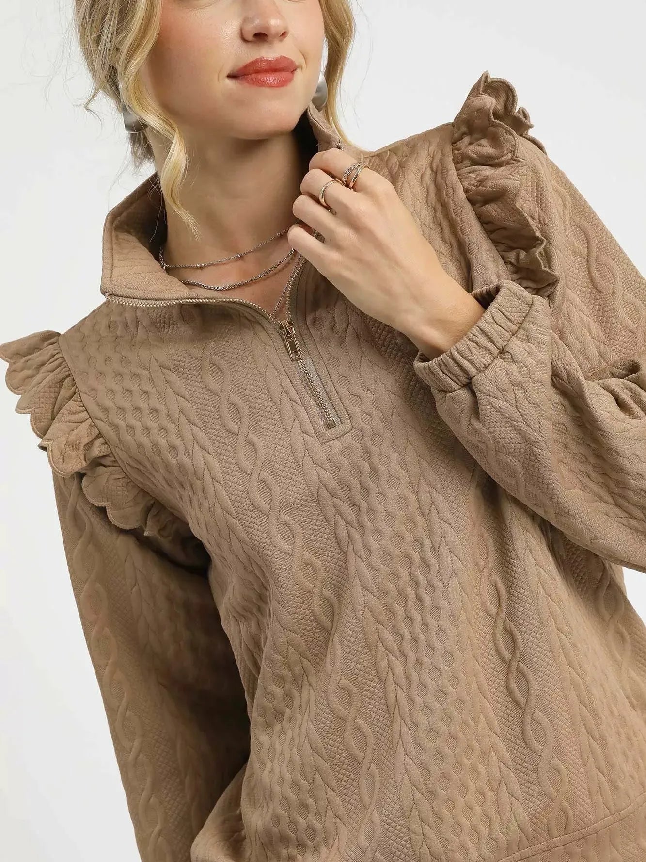 Umgee Stem & Style Cable Knit Textured Pullover with Ruffles-Women's Shirts & Tops-Shop Z & Joxa