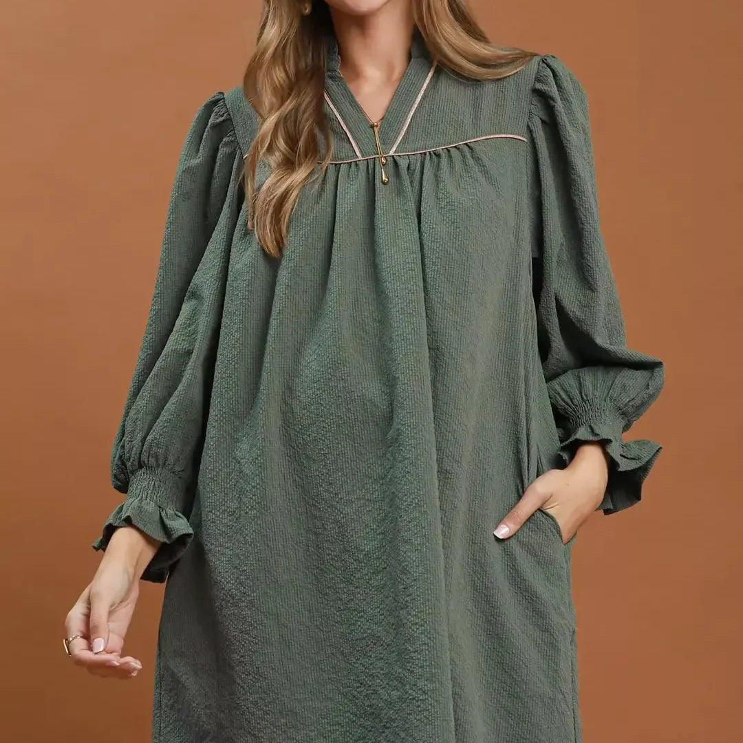 Umgee Stone Cold Textured Puff Sleeve Mini Dress-Women's Dresses-Shop Z & Joxa