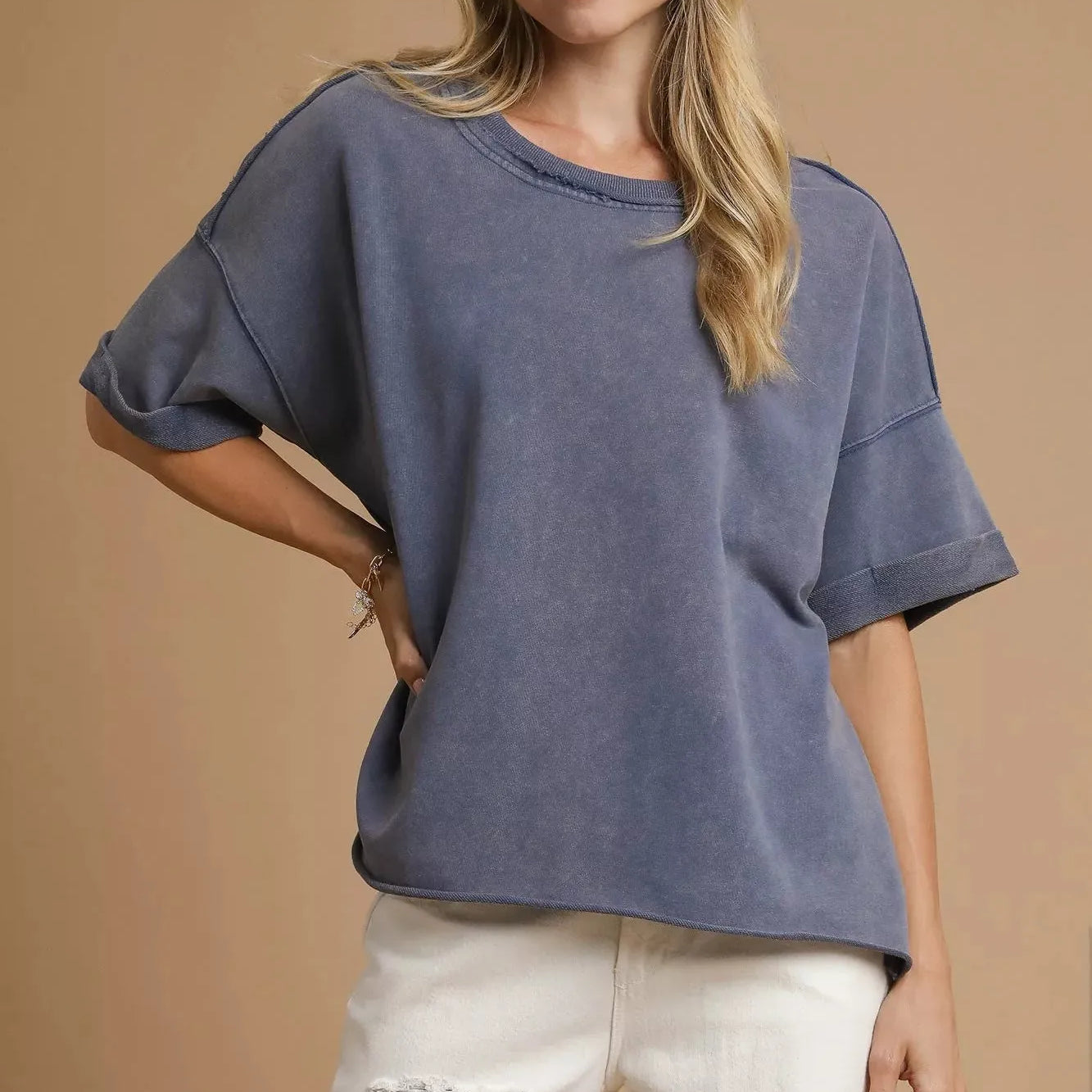Umgee Stormy Seas Mineral Wash Round Neck Top-Women's Shirts & Tops-Shop Z & Joxa