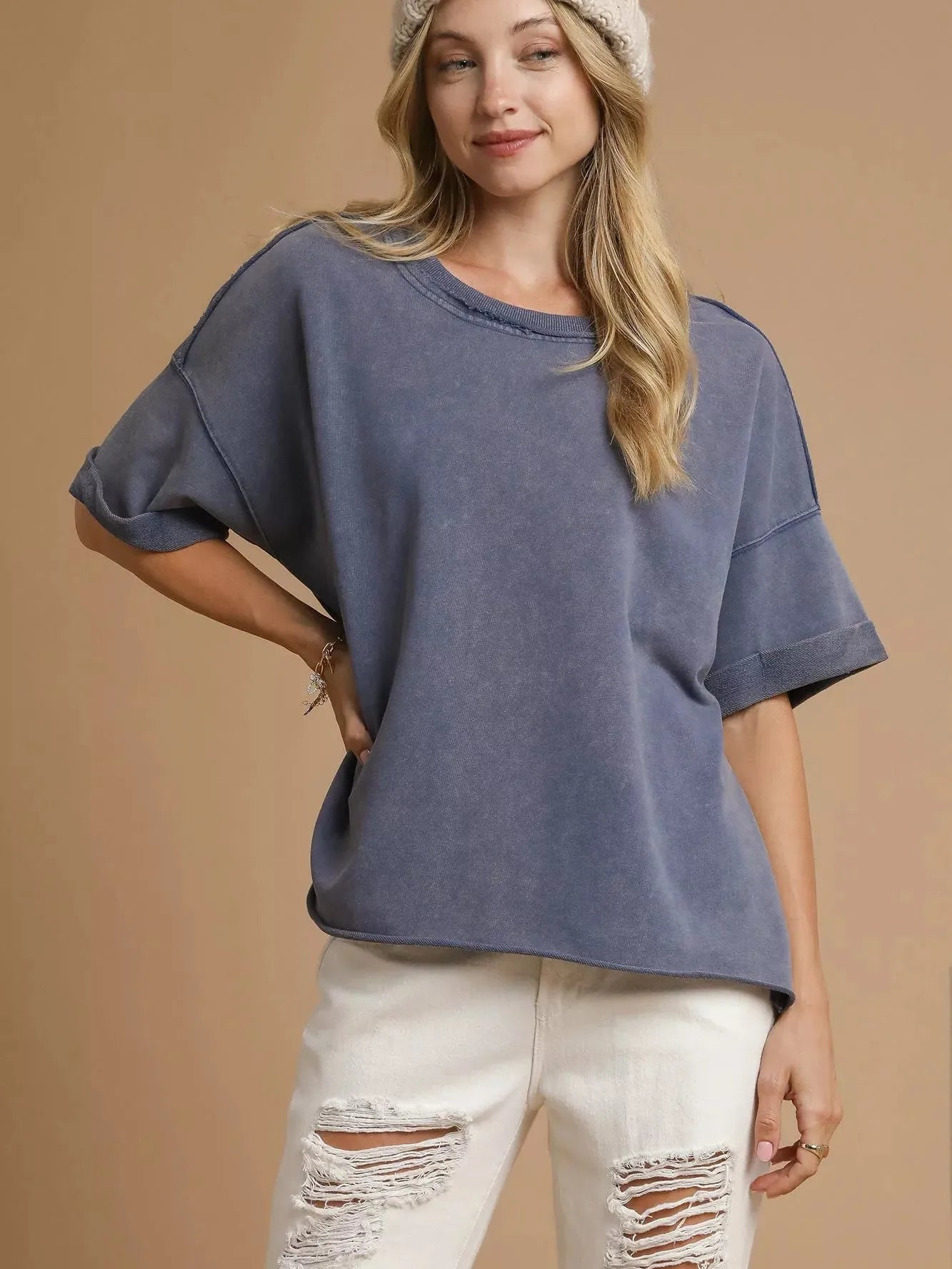 Umgee Stormy Seas Mineral Wash Round Neck Top-Women's Shirts & Tops-Shop Z & Joxa