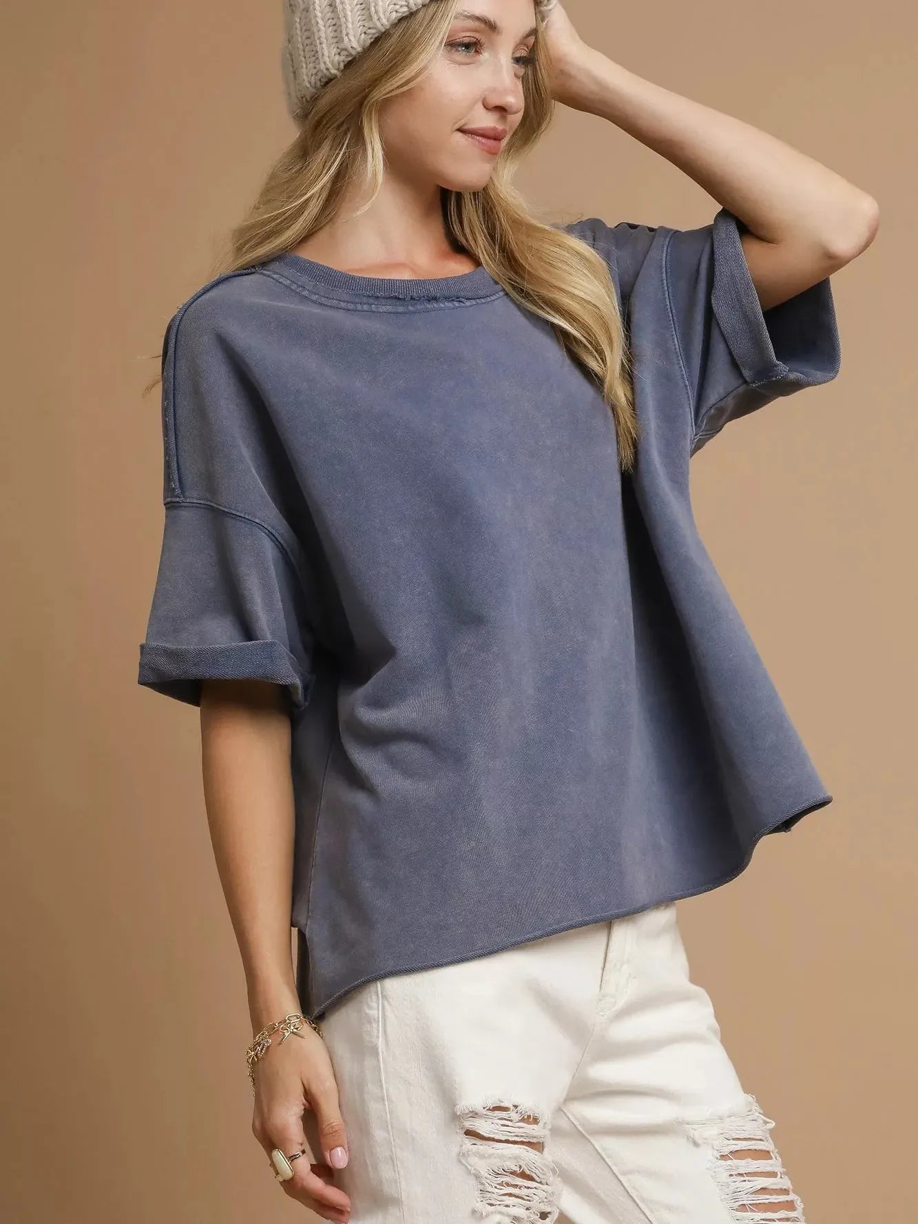 Umgee Stormy Seas Mineral Wash Round Neck Top-Women's Shirts & Tops-Shop Z & Joxa