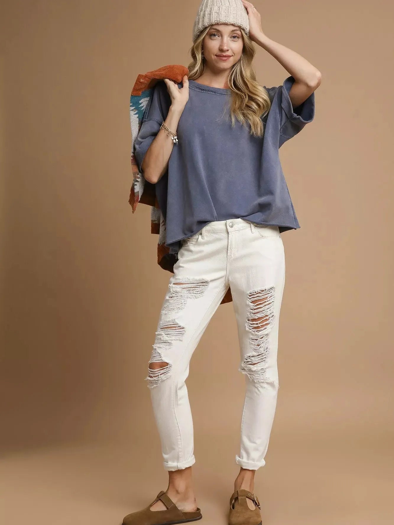 Umgee Stormy Seas Mineral Wash Round Neck Top-Women's Shirts & Tops-Shop Z & Joxa