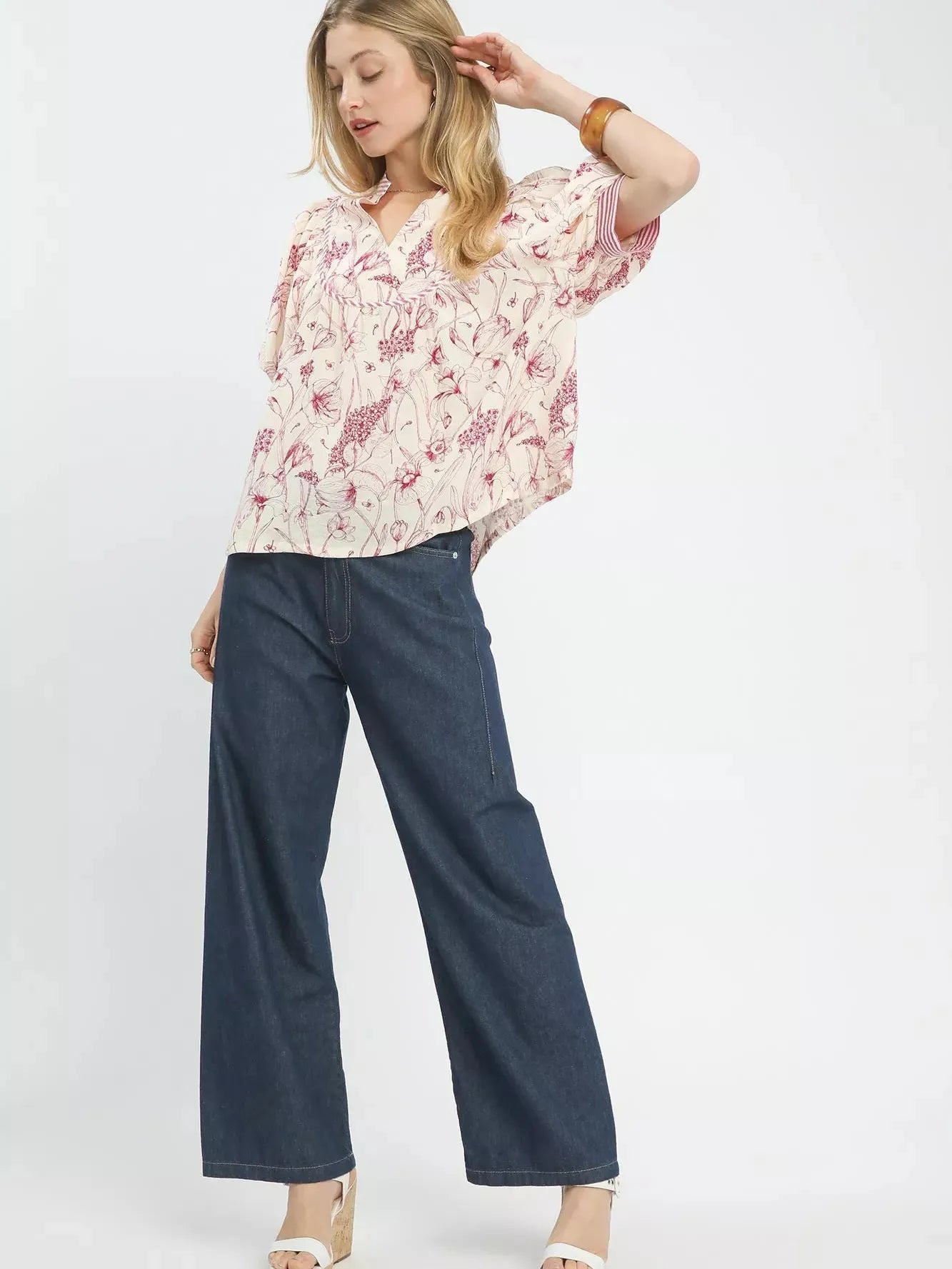 Umgee Stripe Me Sweet Pink Floral Print Puff Sleeve Top-Women's Shirts & Tops-Shop Z & Joxa