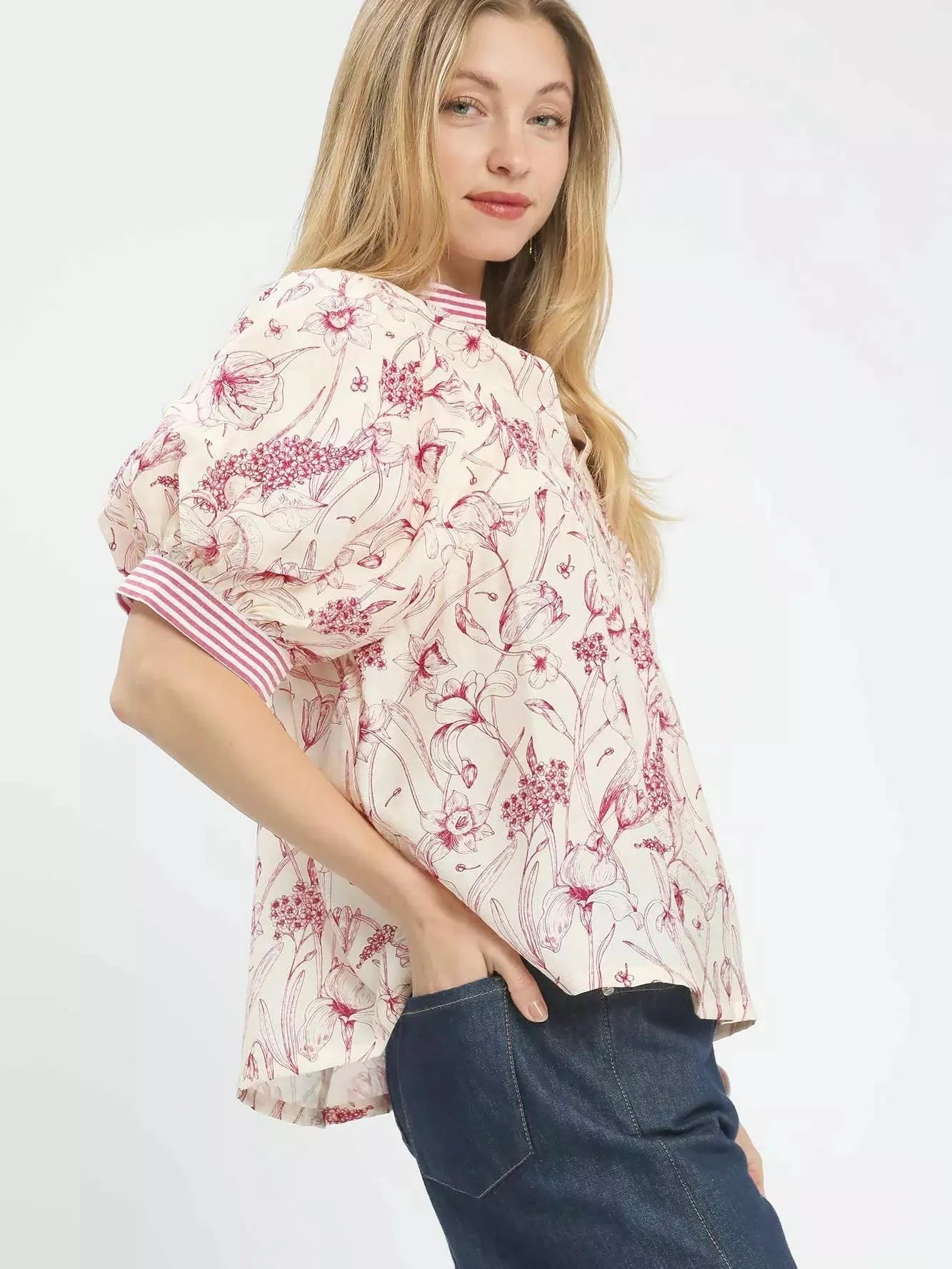 Umgee Stripe Me Sweet Pink Floral Print Puff Sleeve Top-Women's Shirts & Tops-Shop Z & Joxa