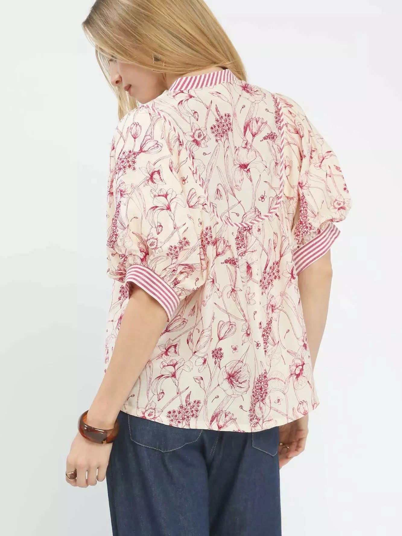 Umgee Stripe Me Sweet Pink Floral Print Puff Sleeve Top-Women's Shirts & Tops-Shop Z & Joxa
