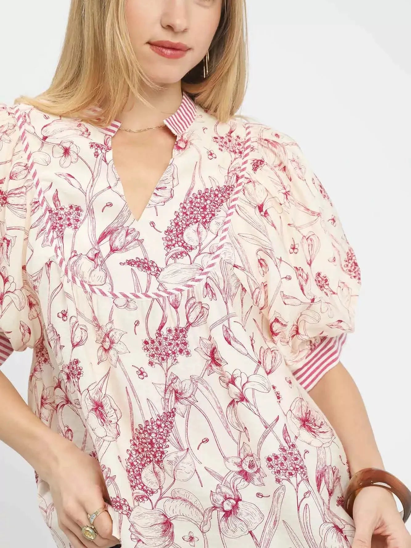 Umgee Stripe Me Sweet Pink Floral Print Puff Sleeve Top-Women's Shirts & Tops-Shop Z & Joxa