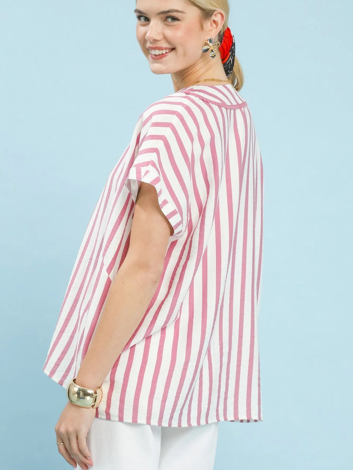 Umgee Striped Serenity Split Neck Oversized Short Sleeve Blouse-Women's Shirts & Tops-Shop Z & Joxa