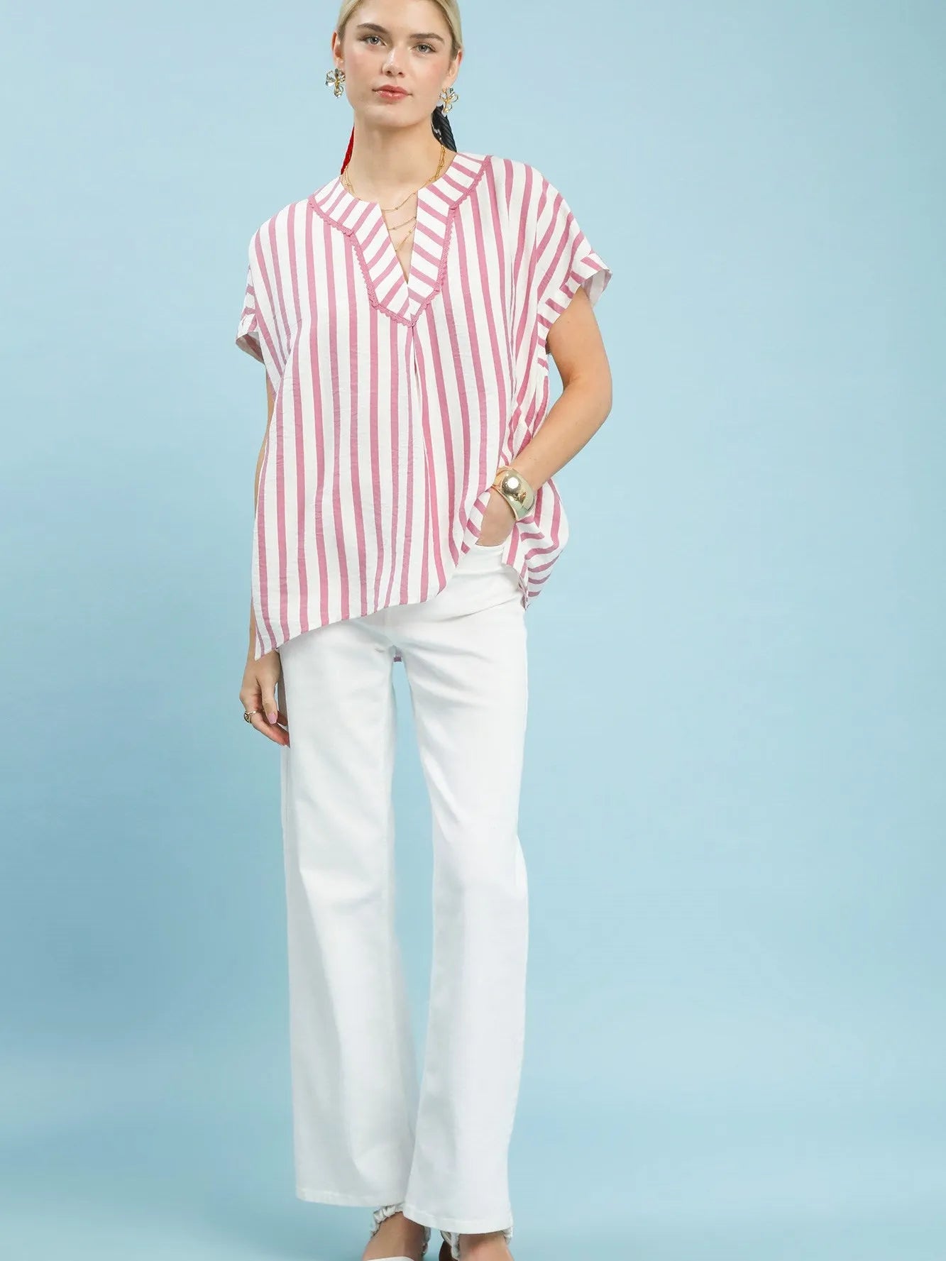 Umgee Striped Serenity Split Neck Oversized Short Sleeve Blouse-Women's Shirts & Tops-Shop Z & Joxa