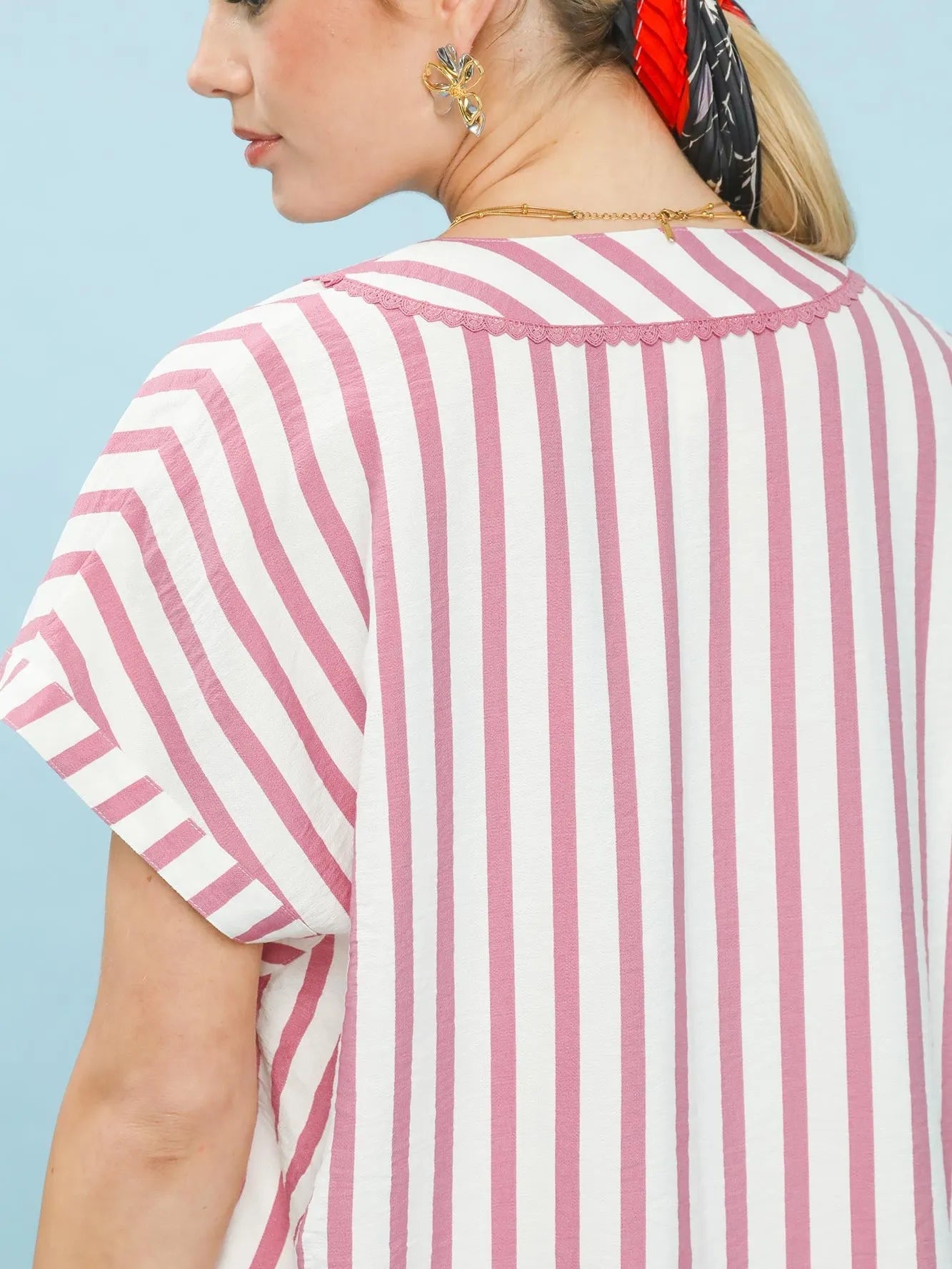 Umgee Striped Serenity Split Neck Oversized Short Sleeve Blouse-Women's Shirts & Tops-Shop Z & Joxa
