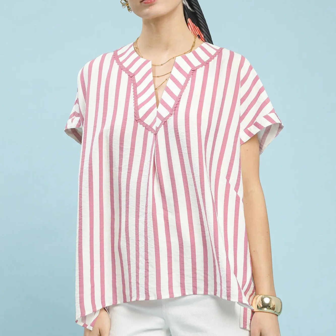 Umgee Striped Serenity Split Neck Oversized Short Sleeve Blouse-Women's Shirts & Tops-Shop Z & Joxa