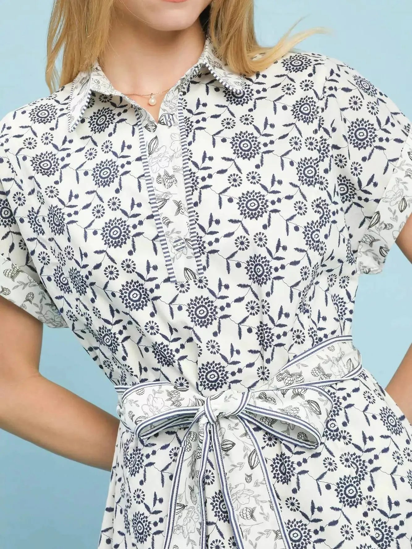 Umgee Sunday Polo Floral Belted Shirt Dress with Border-Women's Dresses-Shop Z & Joxa