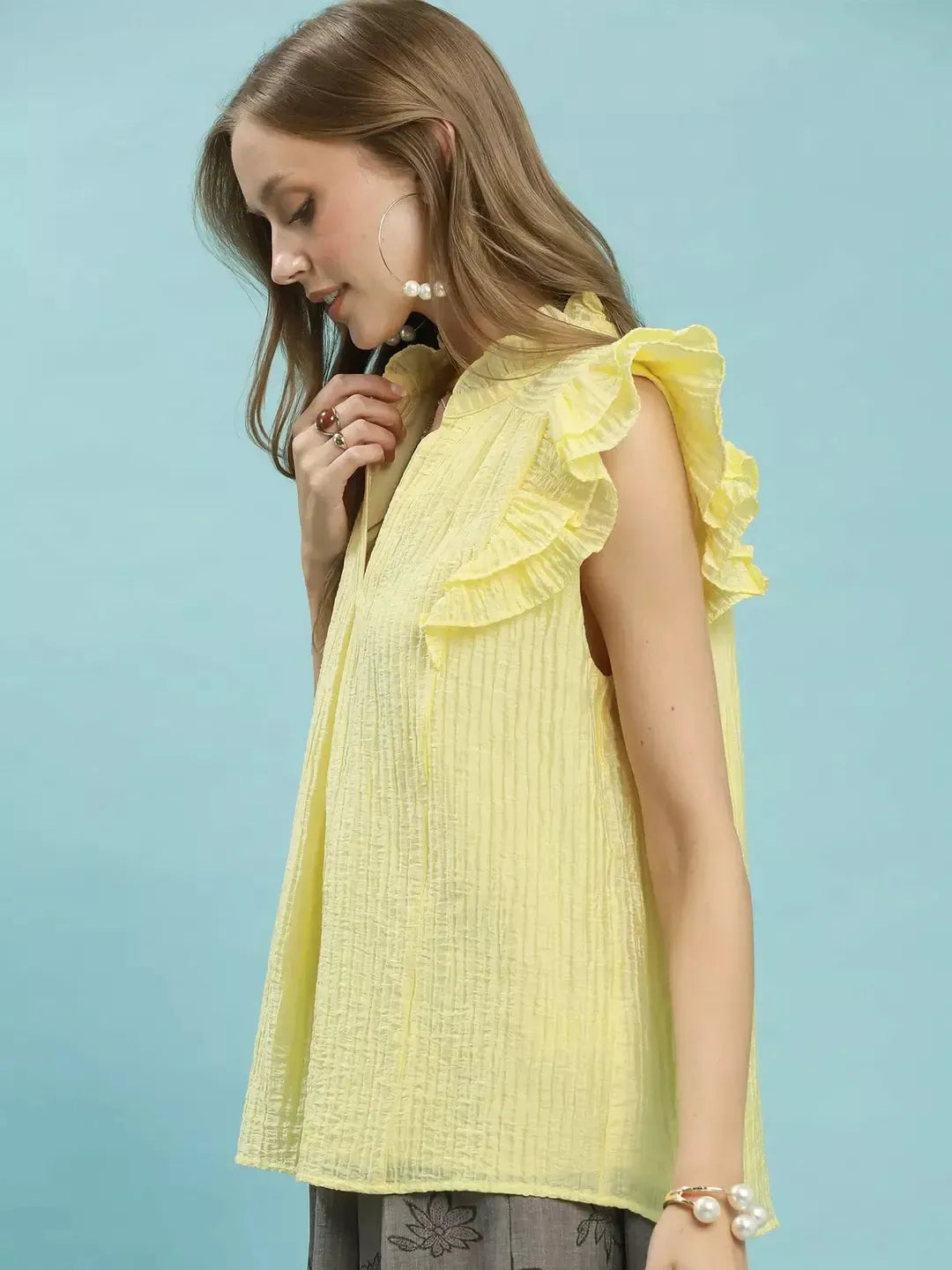 Umgee Sweet Citron Textured Ruffle Sleeve Split V Neck Top-Women's Shirts & Tops-Shop Z & Joxa