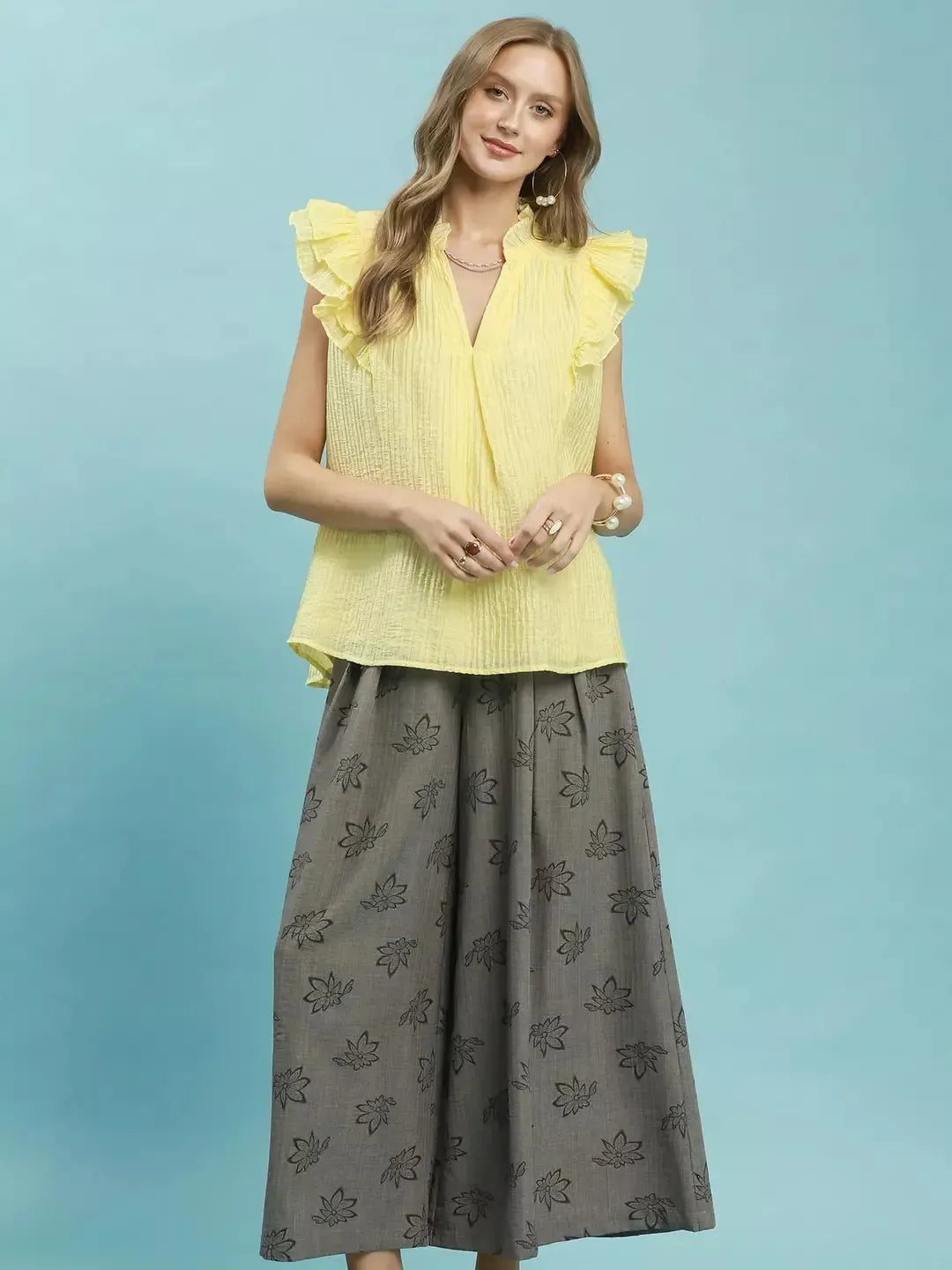 Umgee Sweet Citron Textured Ruffle Sleeve Split V Neck Top-Women's Shirts & Tops-Shop Z & Joxa