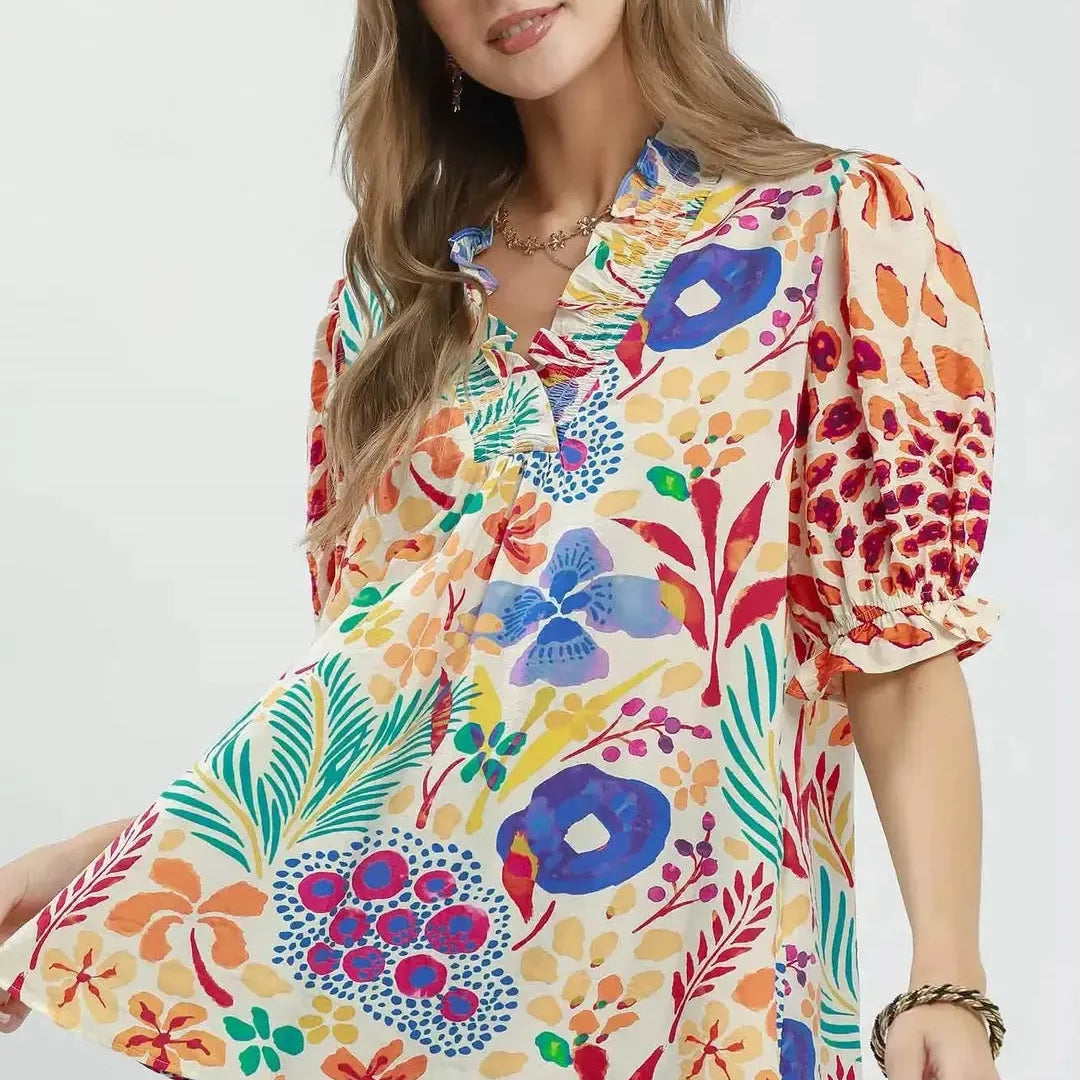 Umgee Tangerine Daydream Ruffle Trim Puff Sleeve Top-Women's Shirts & Tops-Shop Z & Joxa