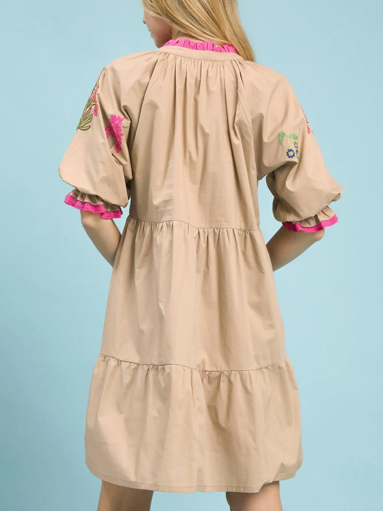 Umgee Taupe Harmony Embroidered Floral Tiered Babydoll Dress-Women's Dresses-Shop Z & Joxa