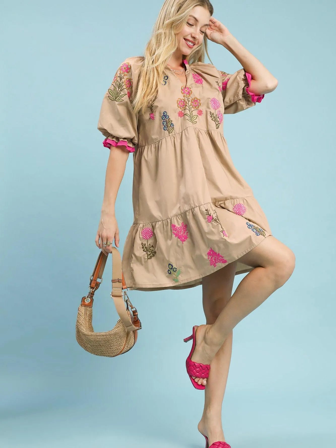 Umgee Taupe Harmony Embroidered Floral Tiered Babydoll Dress-Women's Dresses-Shop Z & Joxa