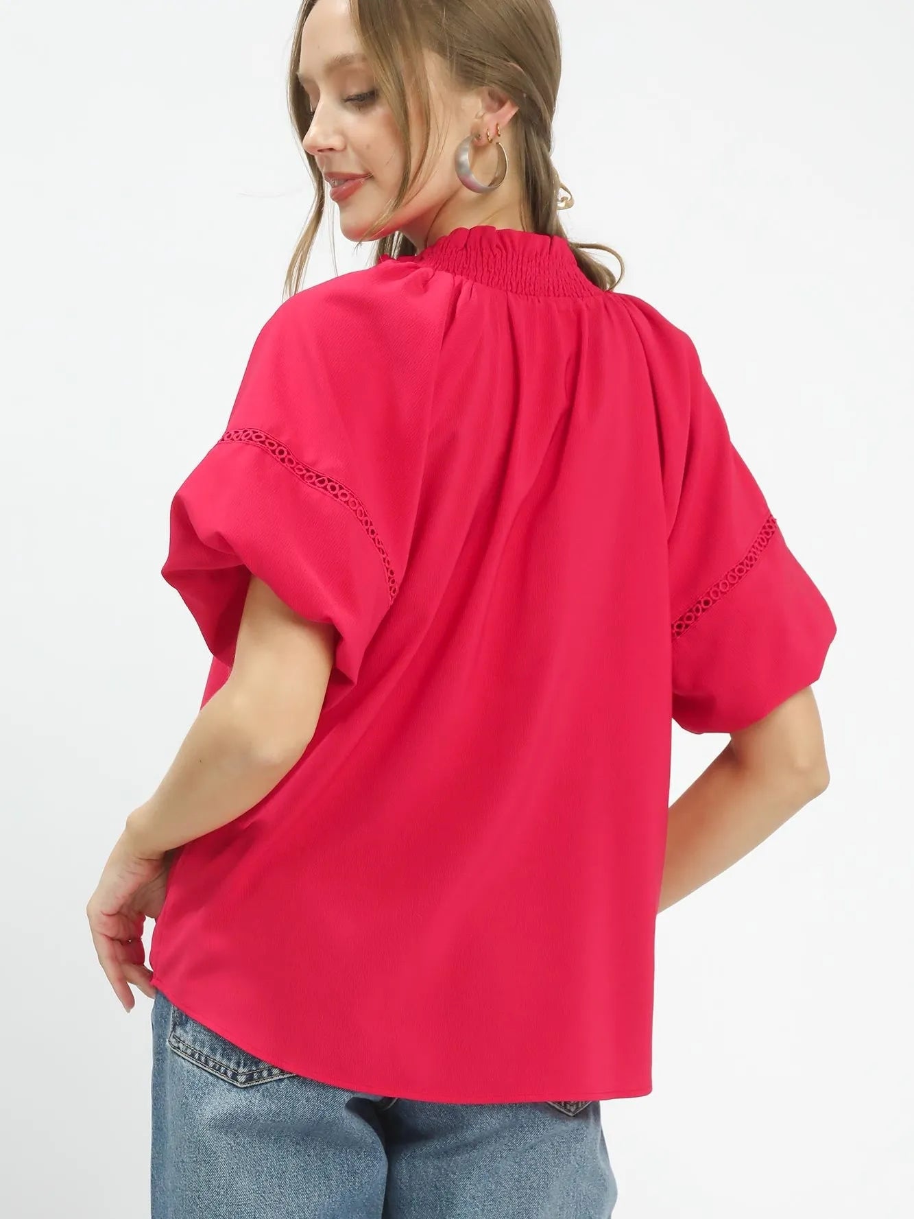 Umgee Teaberry Dream Lace Trim Peasant Top with Puff Sleeves-Women's Shirts & Tops-Shop Z & Joxa