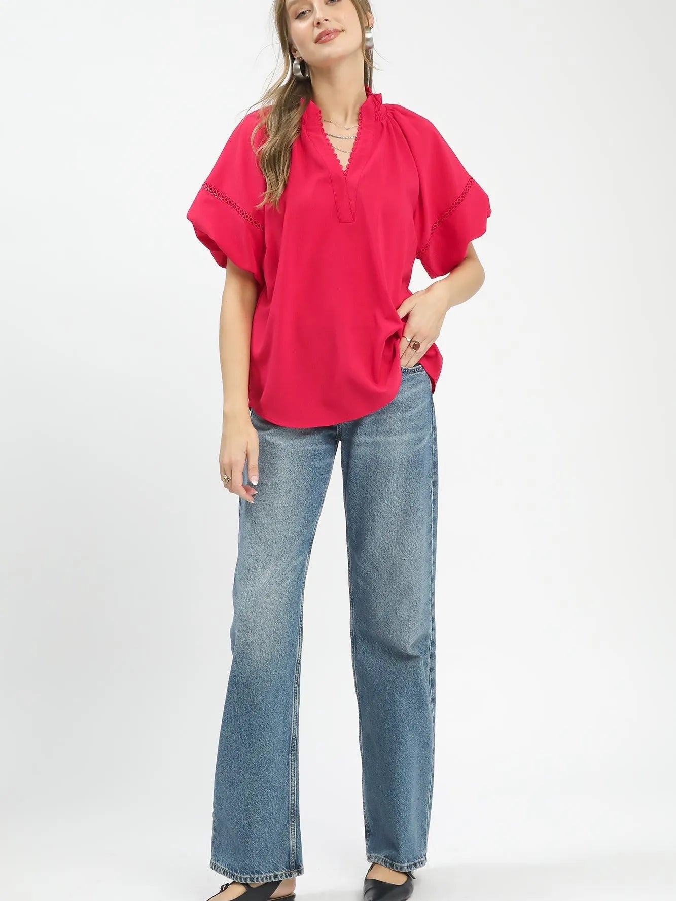 Umgee Teaberry Dream Lace Trim Peasant Top with Puff Sleeves-Women's Shirts & Tops-Shop Z & Joxa