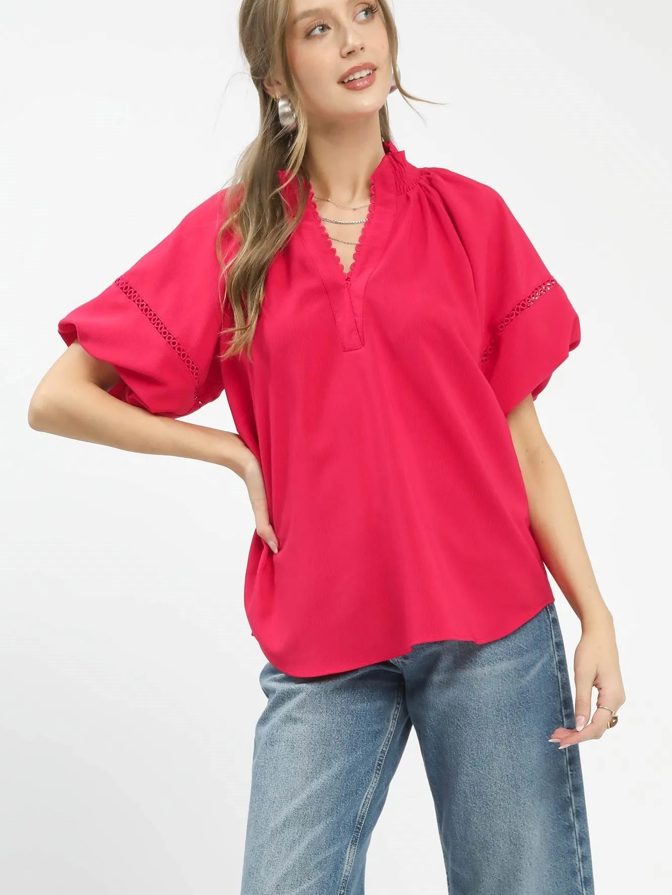Umgee Teaberry Dream Lace Trim Peasant Top with Puff Sleeves-Women's Shirts & Tops-Shop Z & Joxa