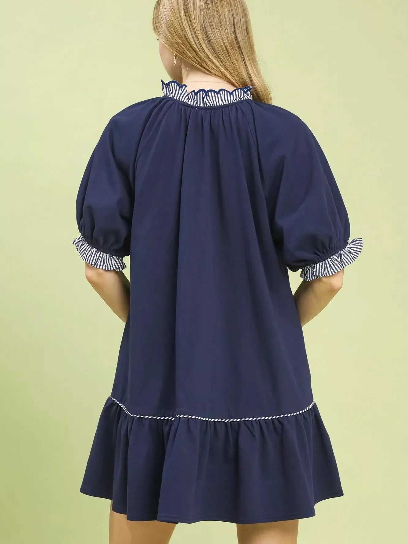 Umgee Tiered & True French Terry Mini Dress with Striped Trim-Women's Dresses-Shop Z & Joxa