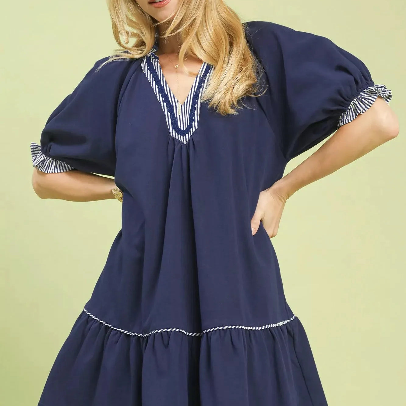 Umgee Tiered & True French Terry Mini Dress with Striped Trim-Women's Dresses-Shop Z & Joxa